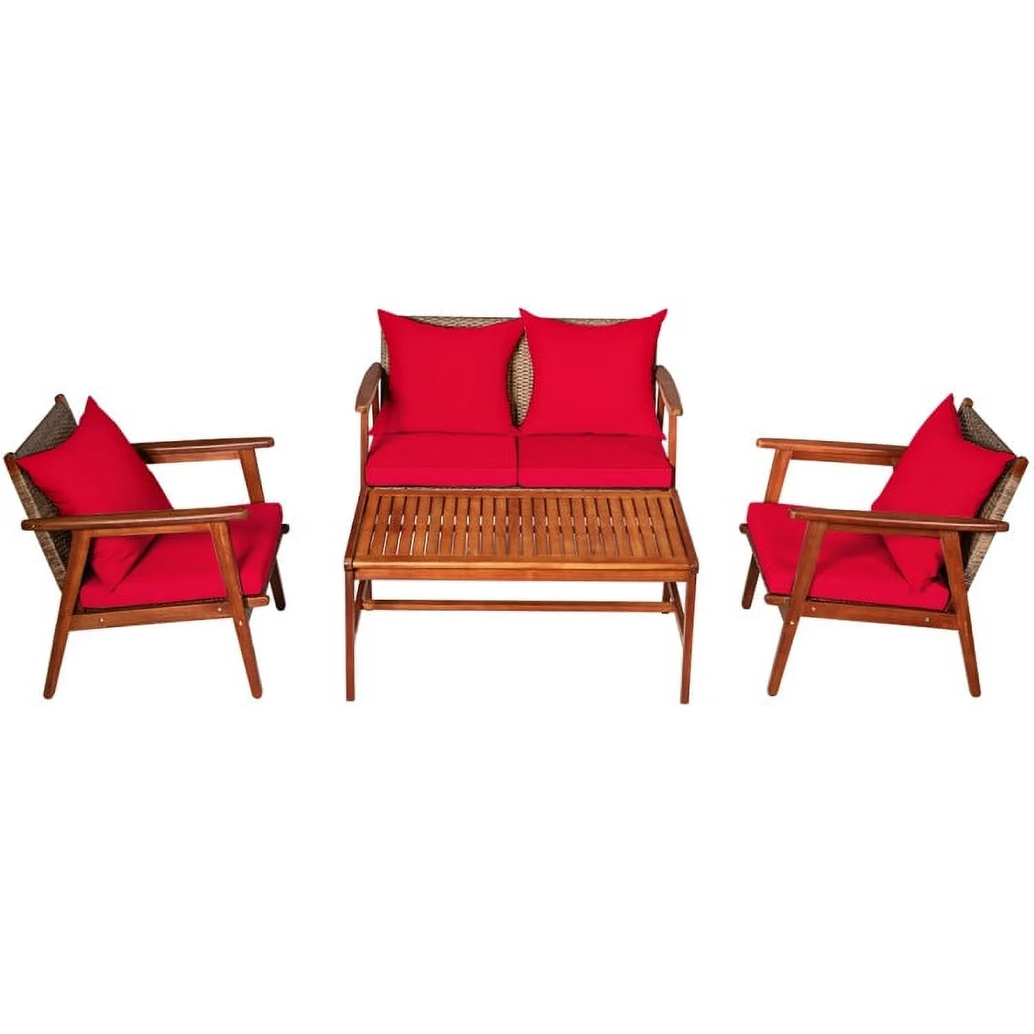 YYAo Garden Conversation Table Set, Conversation Loveseat Chairs Set, 4 Piece Acacia Wood Patio Rattan Furniture Set-Red
