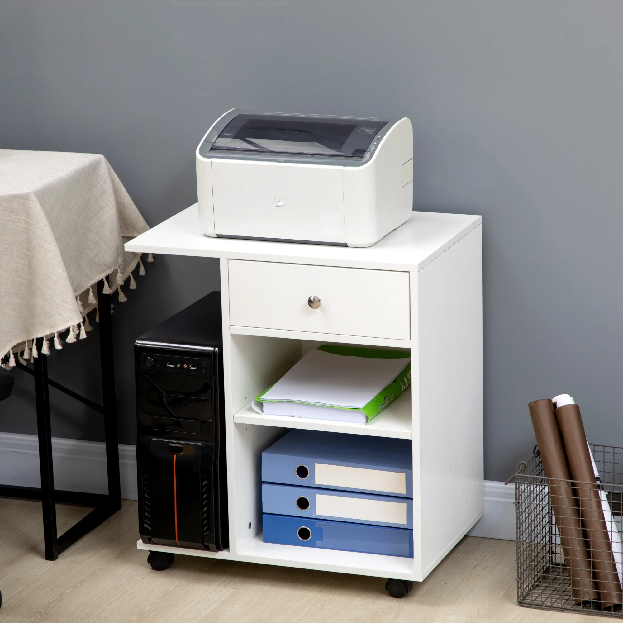 GeeHome Mobile Printer Stand, Rolling File Cabinet Cart with Wheels, Adjustable Shelf, Drawer and CPU Stand, White