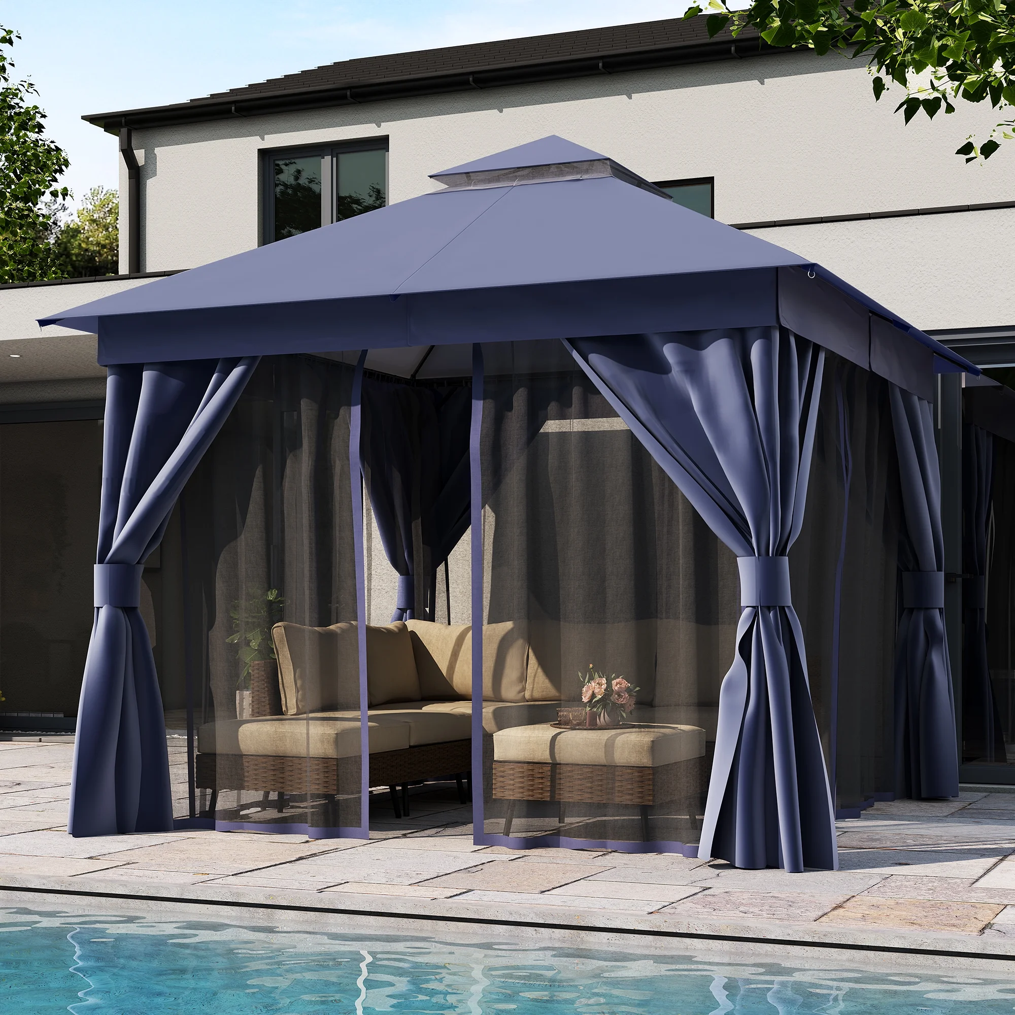 LAUSAINT HOME 10'x10' Patio Gazebo, Double Roof Outdoor Shelter Tent with Mosquito Nettings and Privacy Screens, Navy Blue
