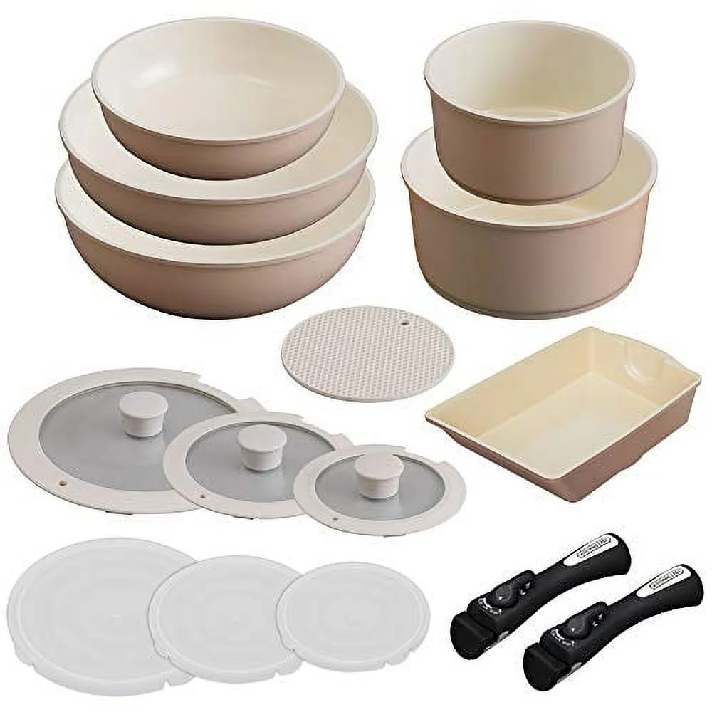 Iris Ohyama Frying Pan 14-piece set Gas fire / IH compatible Time-saving cooking Easy to clean Ceramic color pan with handle Beige CC-SE14NP// Egg