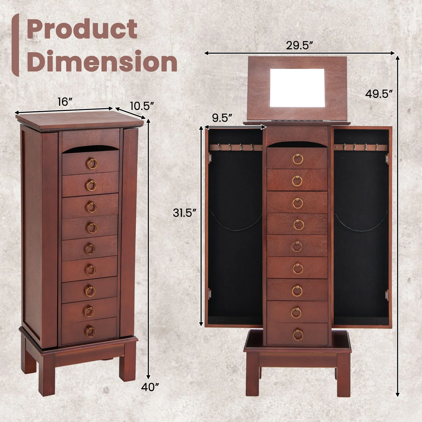 Costway Wood Jewelry Cabinet Armoire Storage Box Chest Stand Organizer Indoor Bedroom