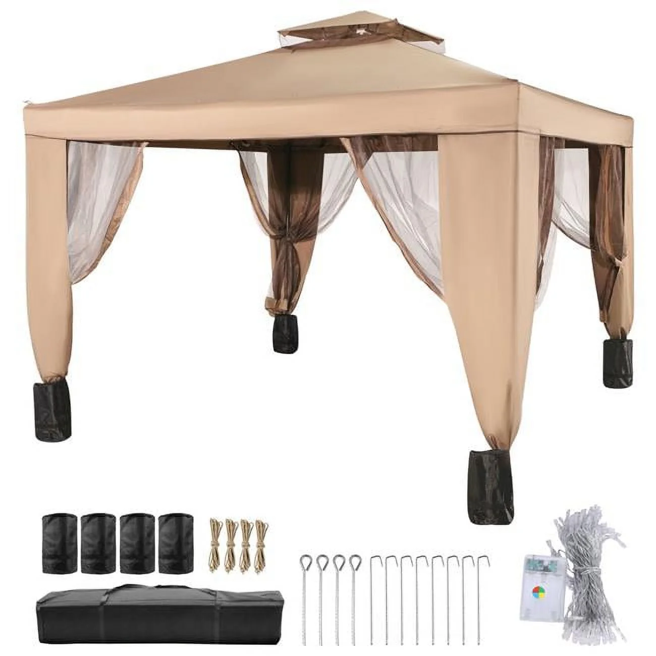 Outdoor Canopy Gazebo Tent, Portable Canopy Shelter with 10 x 10 ft. Large Shade Space for Party - Brown