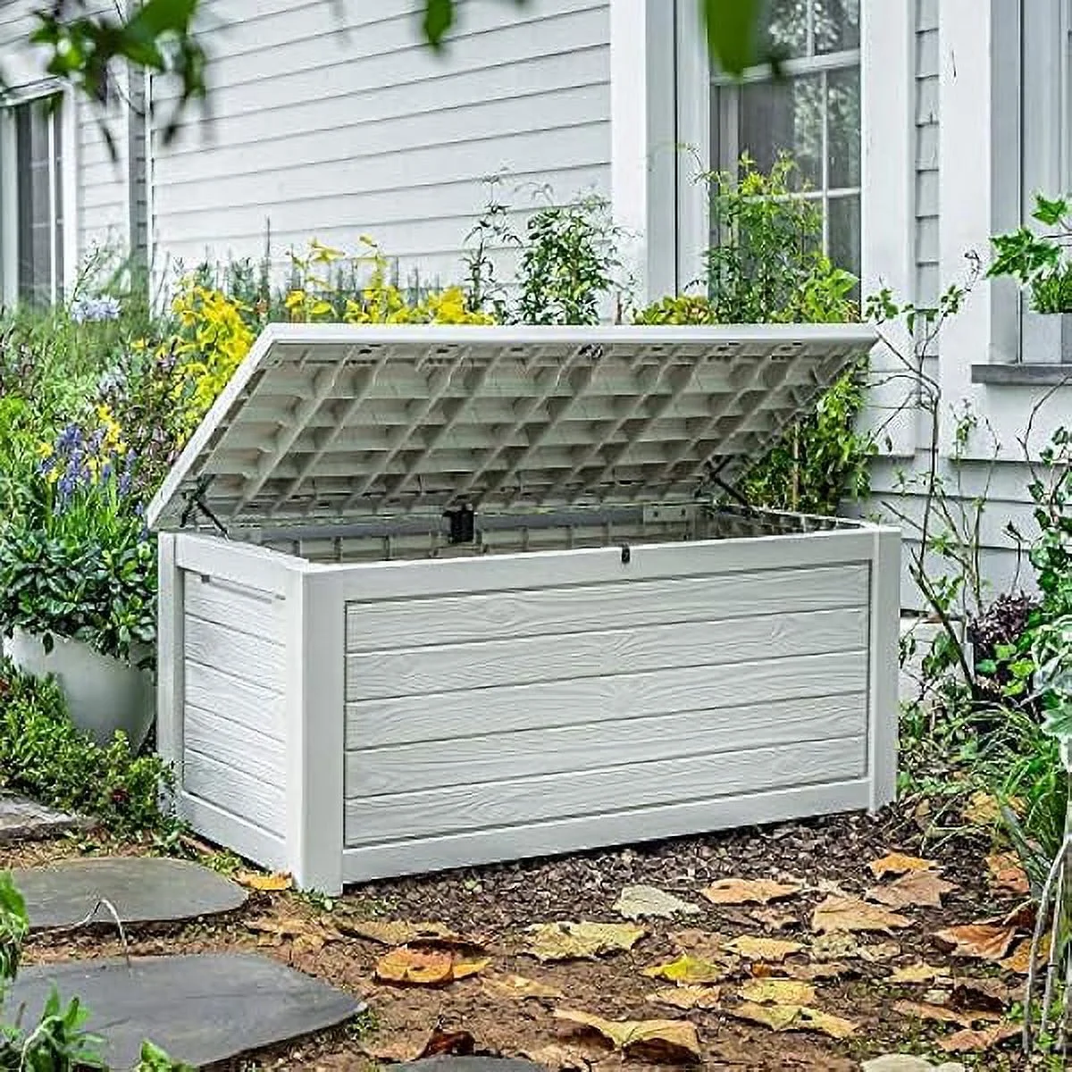 Lyricalux 165 Gallon Weather Resistant Resin Deck Storage Container Box Outdoor Patio Garden Furniture, White
