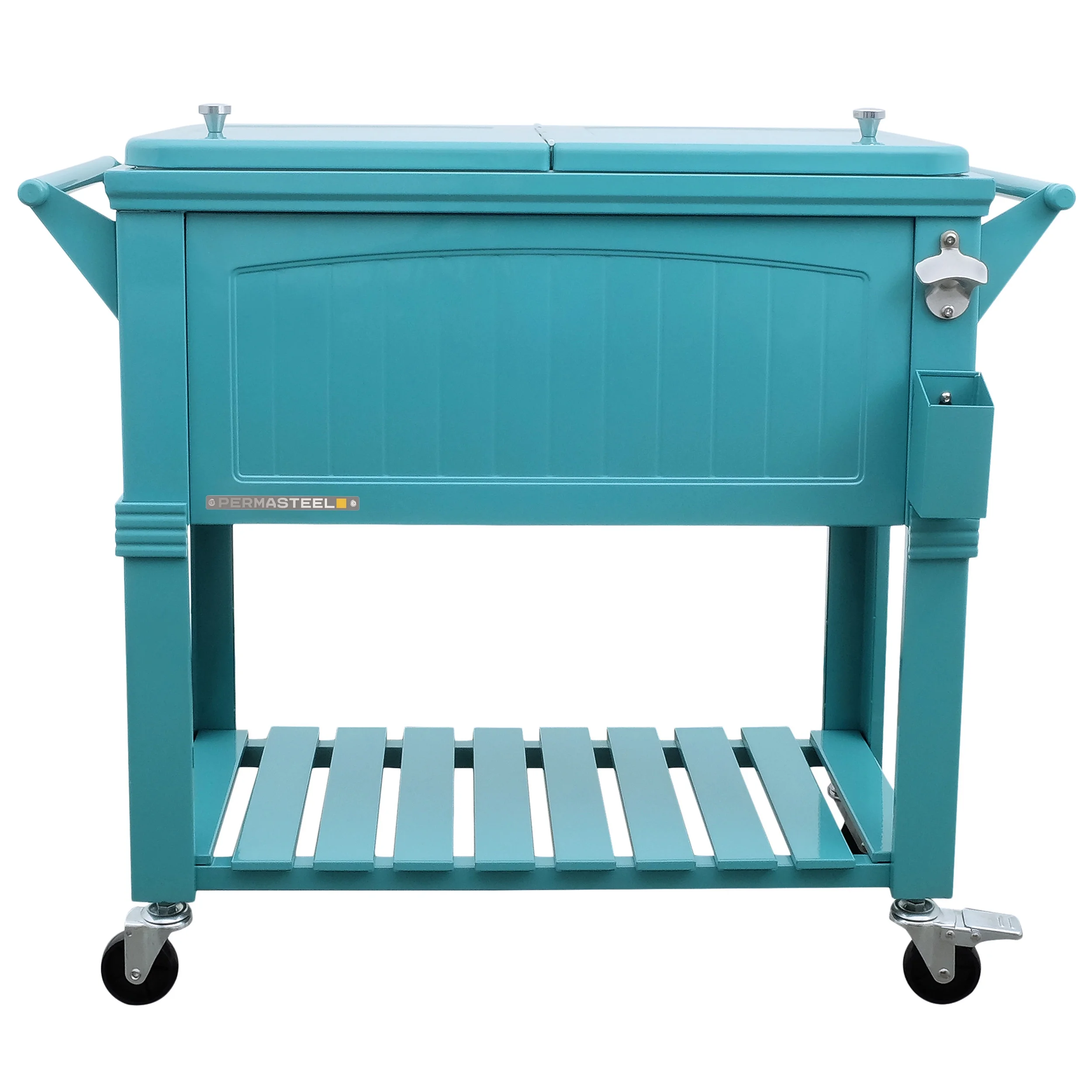Permasteel 80-Qt Antique Outdoor Steel Patio Cooler on Wheels, Rolling Cooler Cart, Wooden Teak Style, Teal