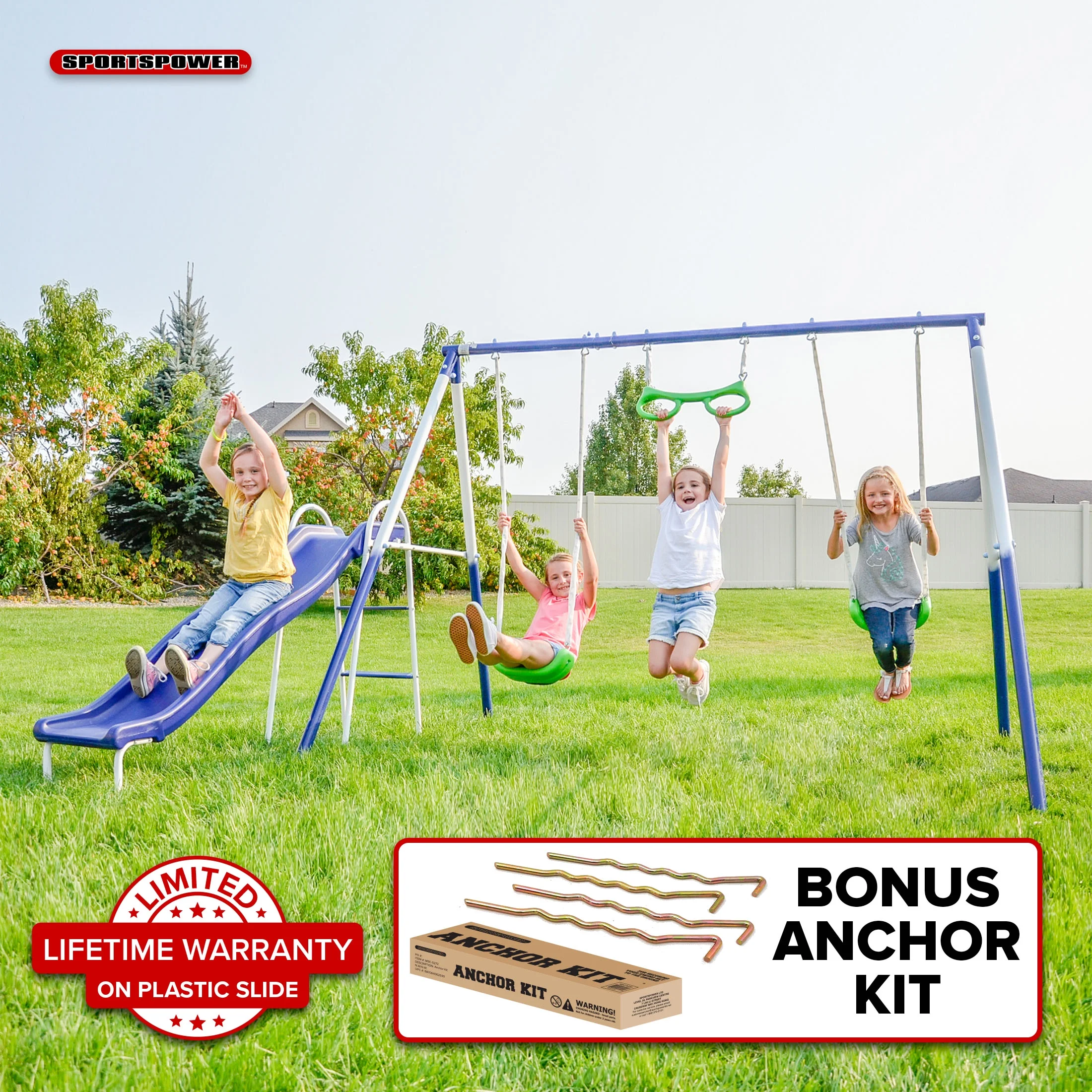Sportspower Sierra Vista Outdoor Metal Swing Set with Trapeze, Lifetime Warranty on Blow Molded Slide, and Bonus Anchor Kit