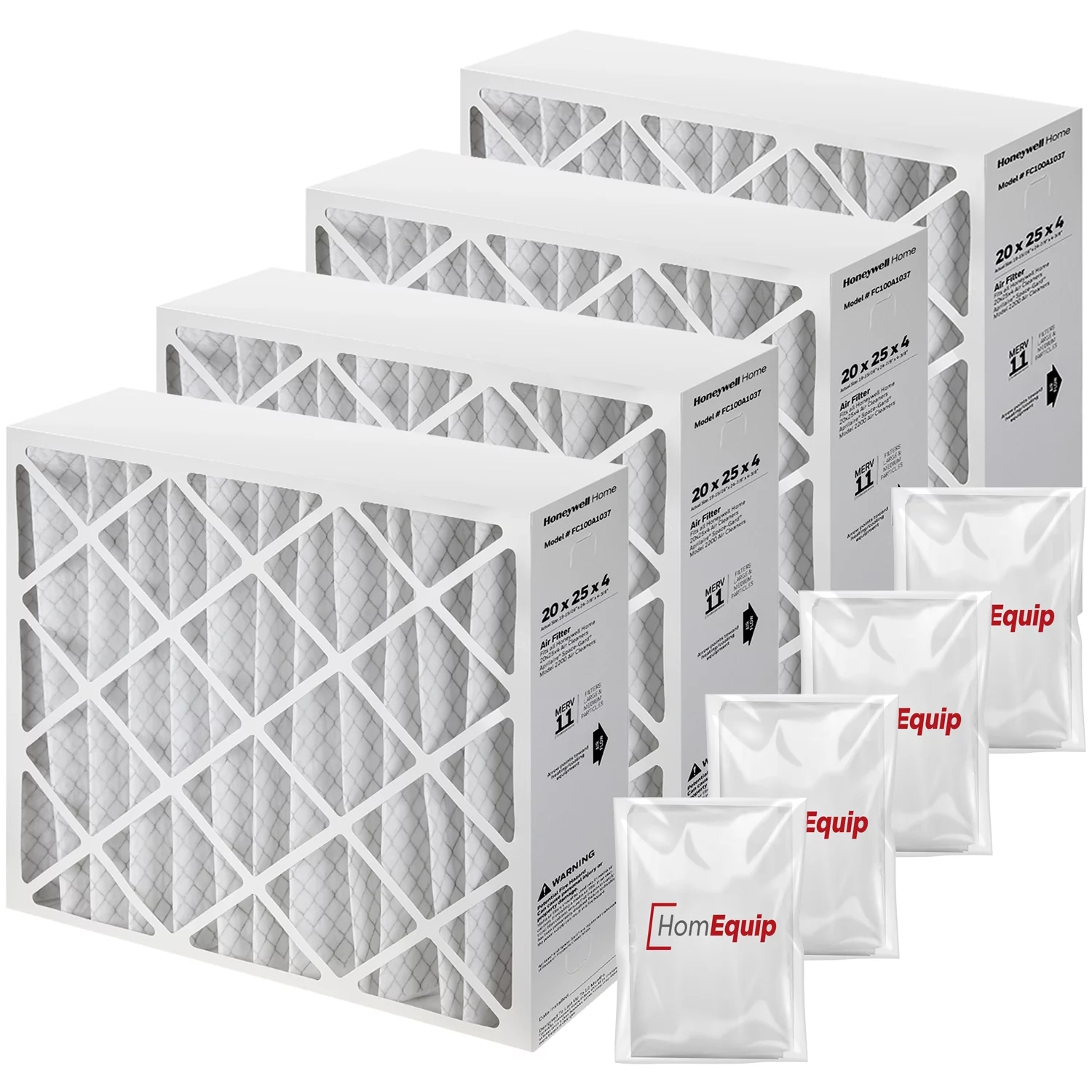 Honeywell FC100A1037 Furnace Filters, 20x25x4 Air Filter Replacement Merv 11 Filter Media with Homequip Disposal Bag (4 Pack)