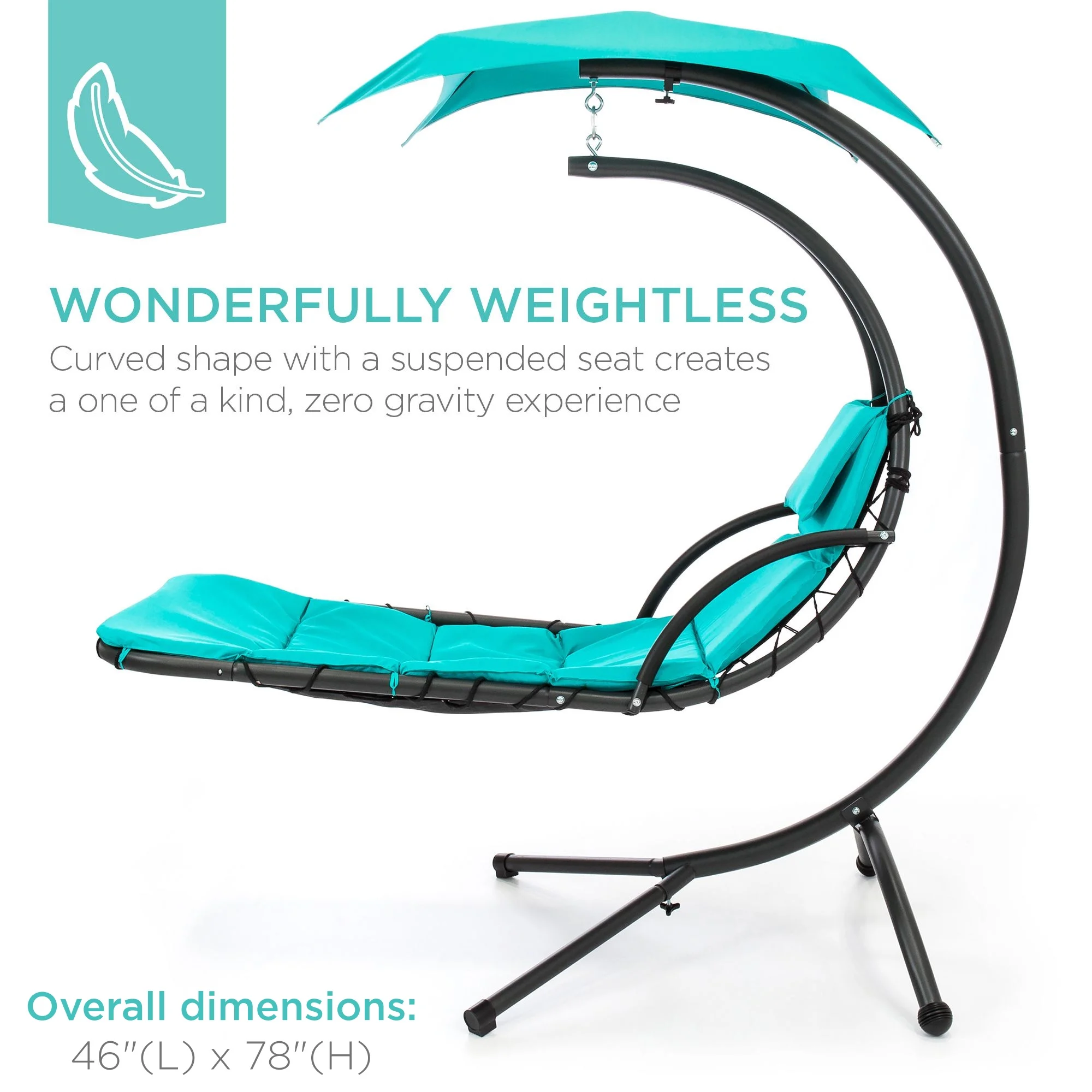 Best Choice Products Hanging Curved Chaise Lounge Chair Swing for Backyard, Patio w/ Pillow, Shade, Stand - Teal