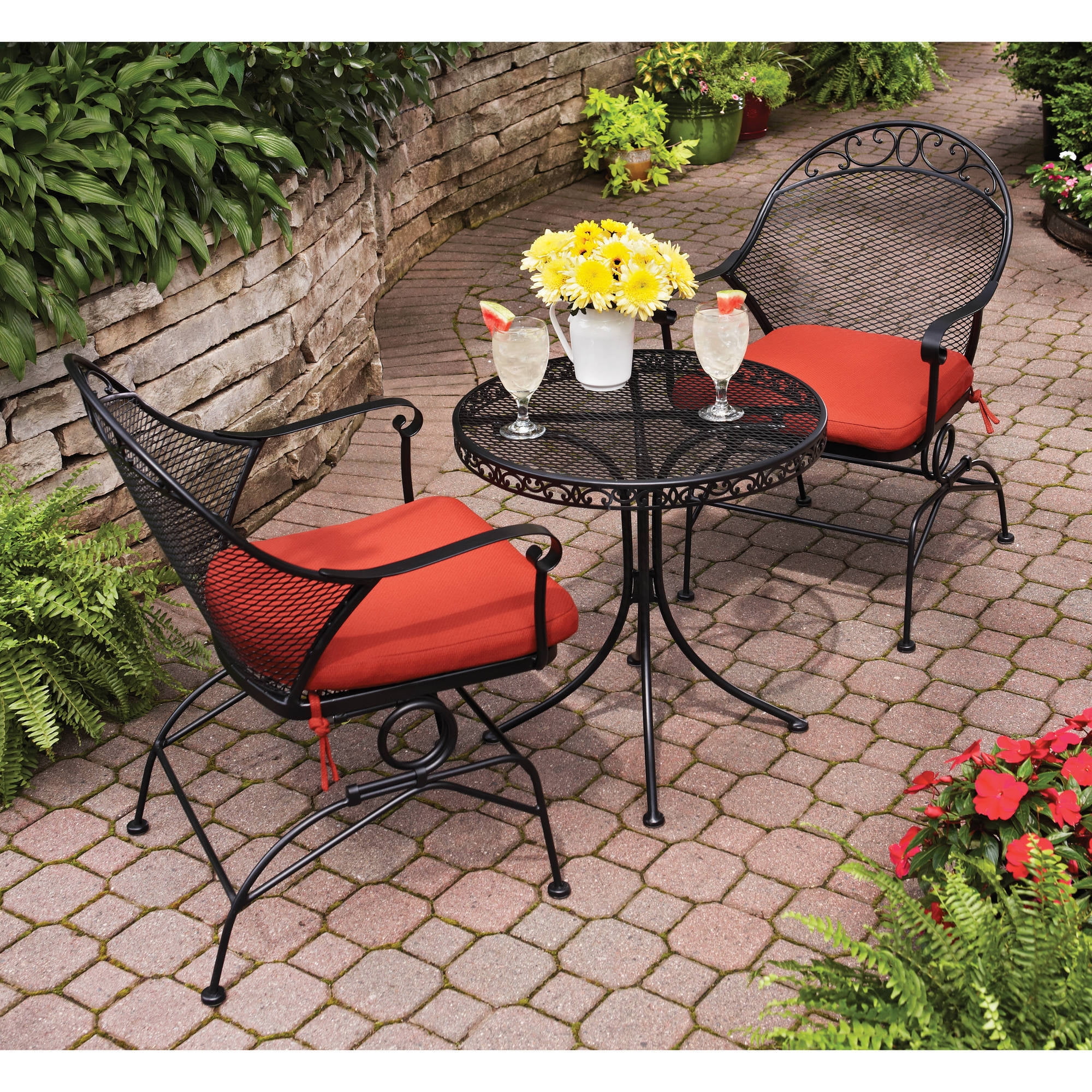 Better Homes & Gardens Clayton Court Outdoor Metal 3-Piece Bistro Set, Red Cushion, Spring Motion Chairs