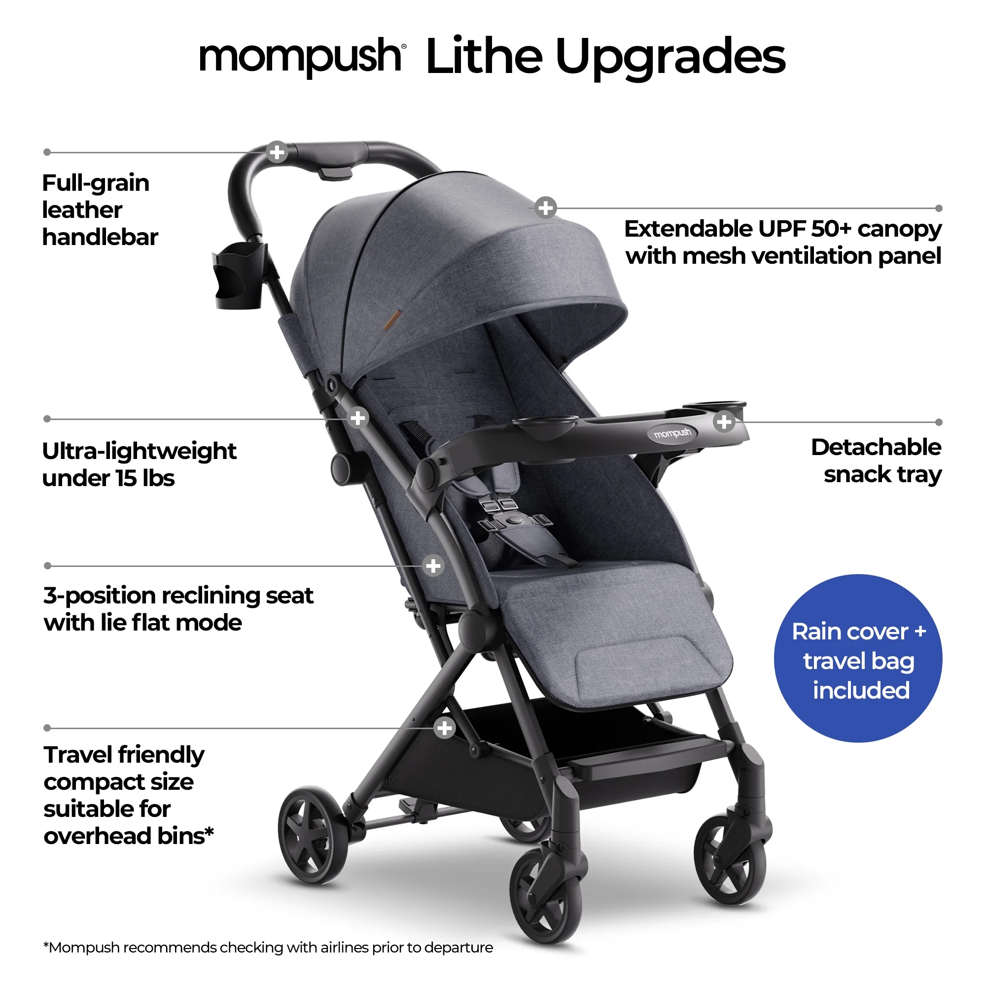 Mompush Lithe V2 Lightweight Stroller with Snack Tray, Newborn Nest Mode, Grey, 17.3LB, Unisex