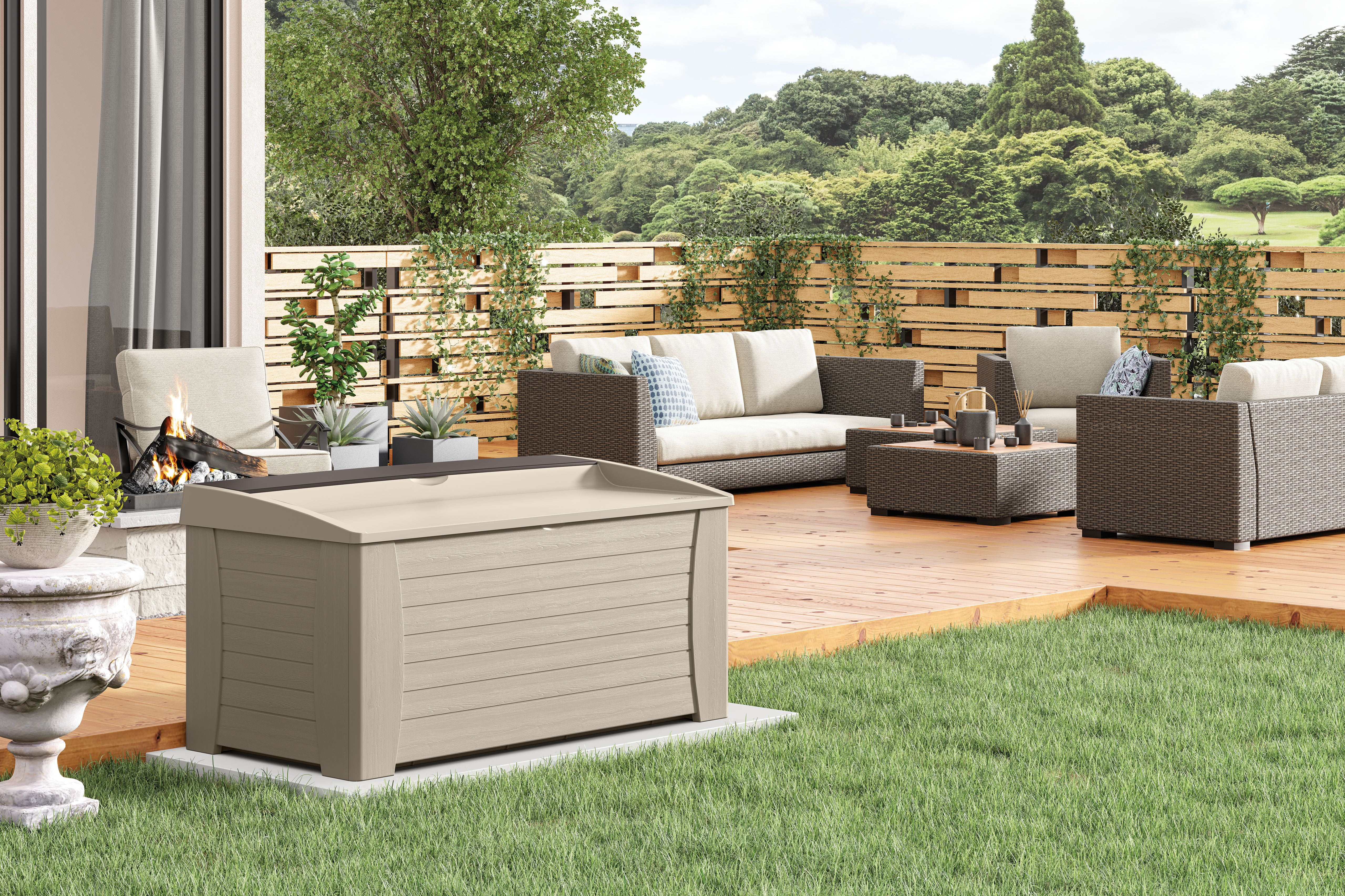 Suncast 127 Gal Outdoor Patio Storage Deck Box/Seat, Resin, Taupe, 54.5