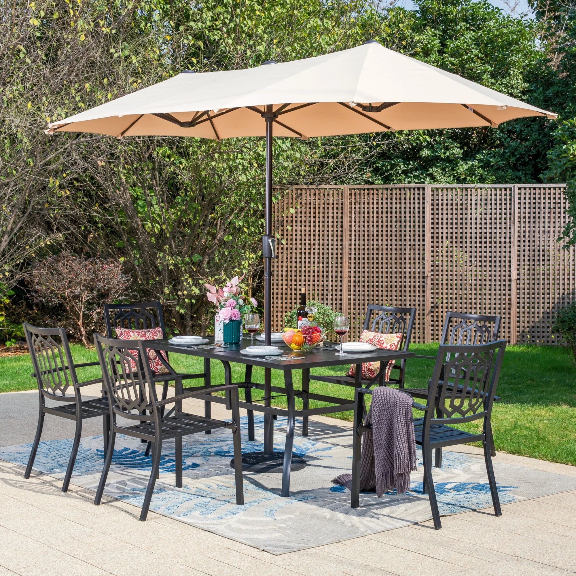 MF Studio 8-Piece Outdoor Dining Set with 13 ft Umbrella, 6 Stack-able Chairs & 6-Seat Table, All-Weather Metal Furniture, Black & Beige