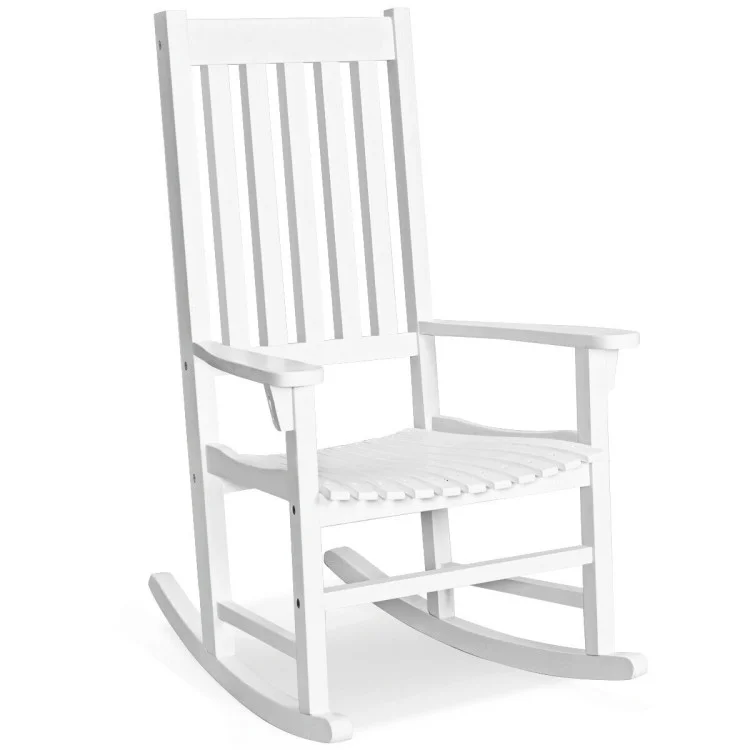 Canddidliike Indoor Outdoor Wooden High Back Rocking Chair for Patio Deck, Porch, Backyard, Indoor and Garden, White