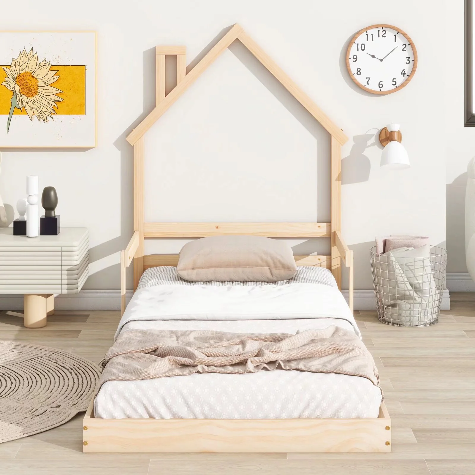 Twin Bed Frame Wooden Montessori Bed with House-Shaped Headboard and Guardrail Floor House Bed for Kids Boys Girls, 7 Slats Support, Natural