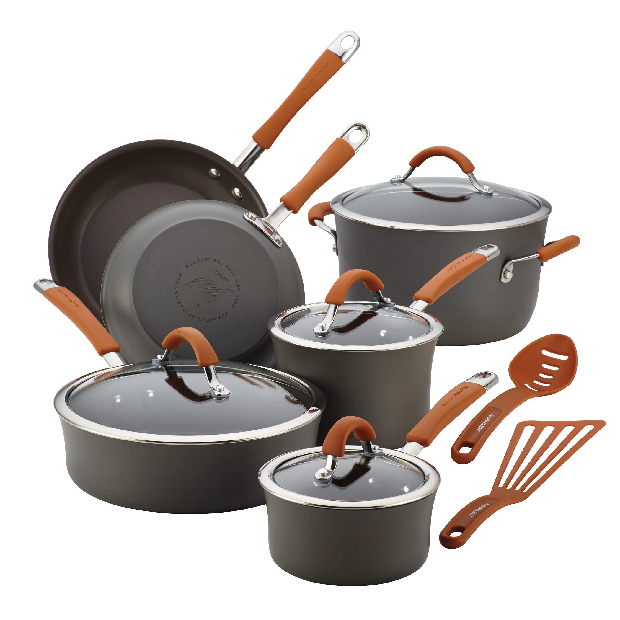 Rachael Ray Cucina 12 Piece Aluminum Nonstick Pots and Pans Set, Gray with Pumpkin Orange Handles