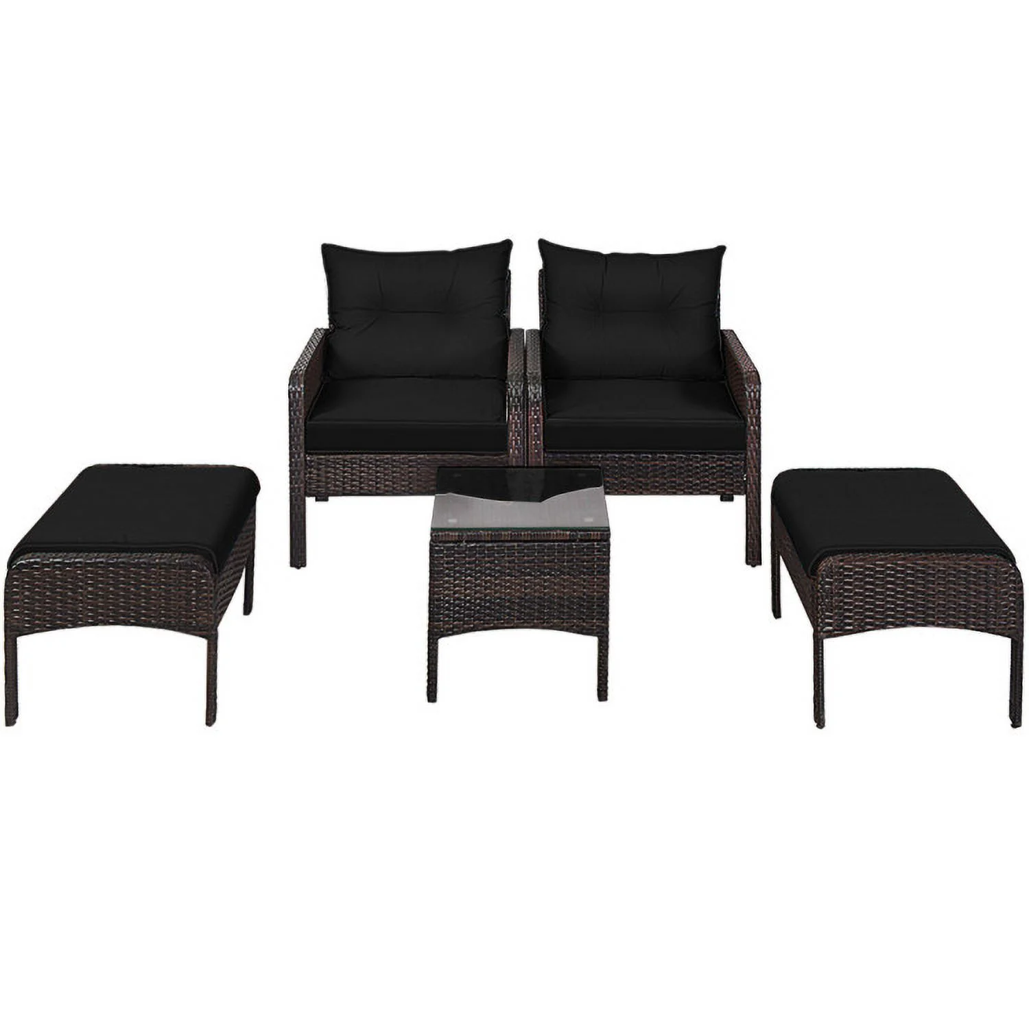 Yardi Yard 5 Pieces Patio Rattan Sofa Ottoman Furniture Set with Cushions-Black for Balcany, Poolside