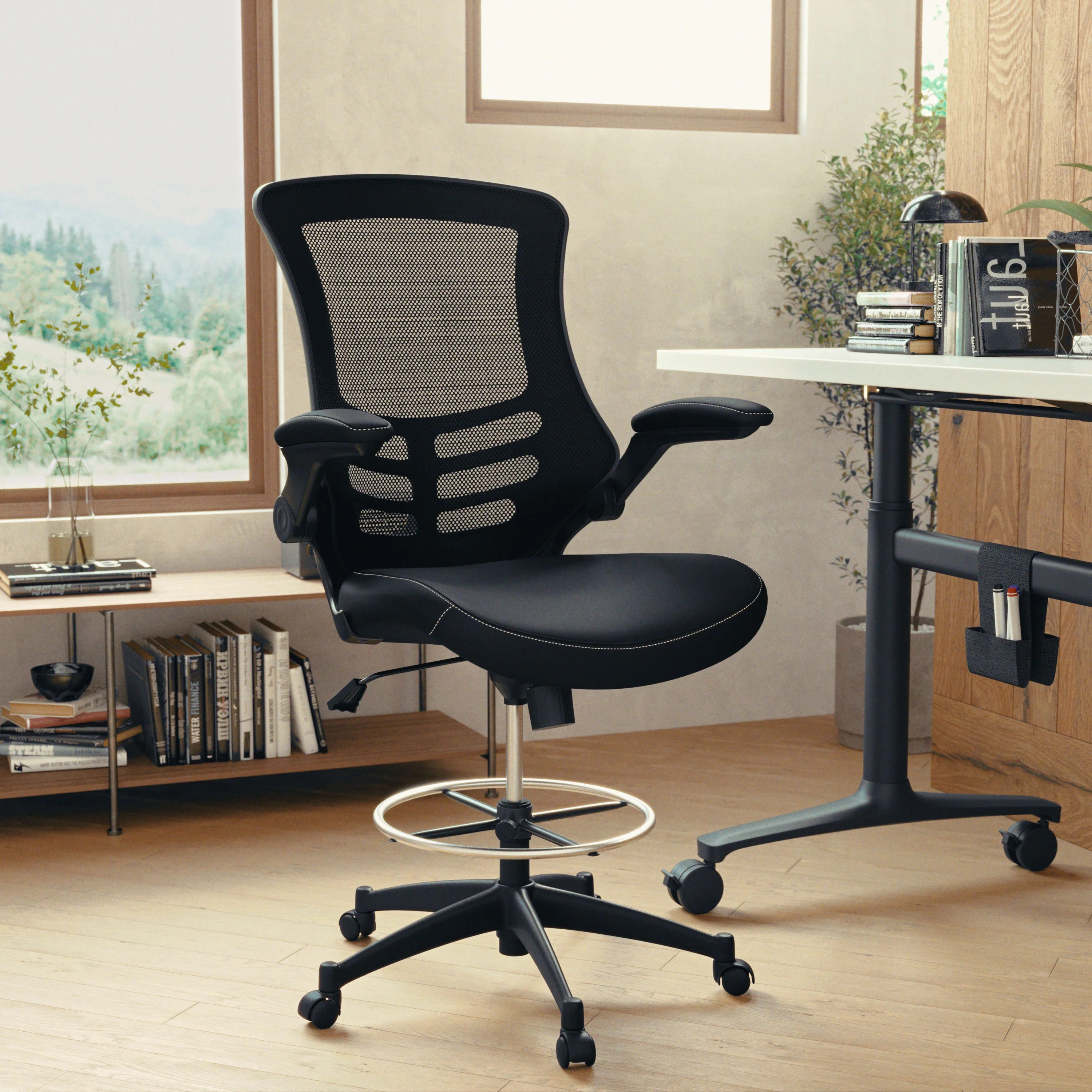 Flash Furniture Kelista Mid-Back Black Mesh Ergonomic Drafting Chair with LeatherSoft Seat, Adjustable Foot Ring and Flip-Up Arms