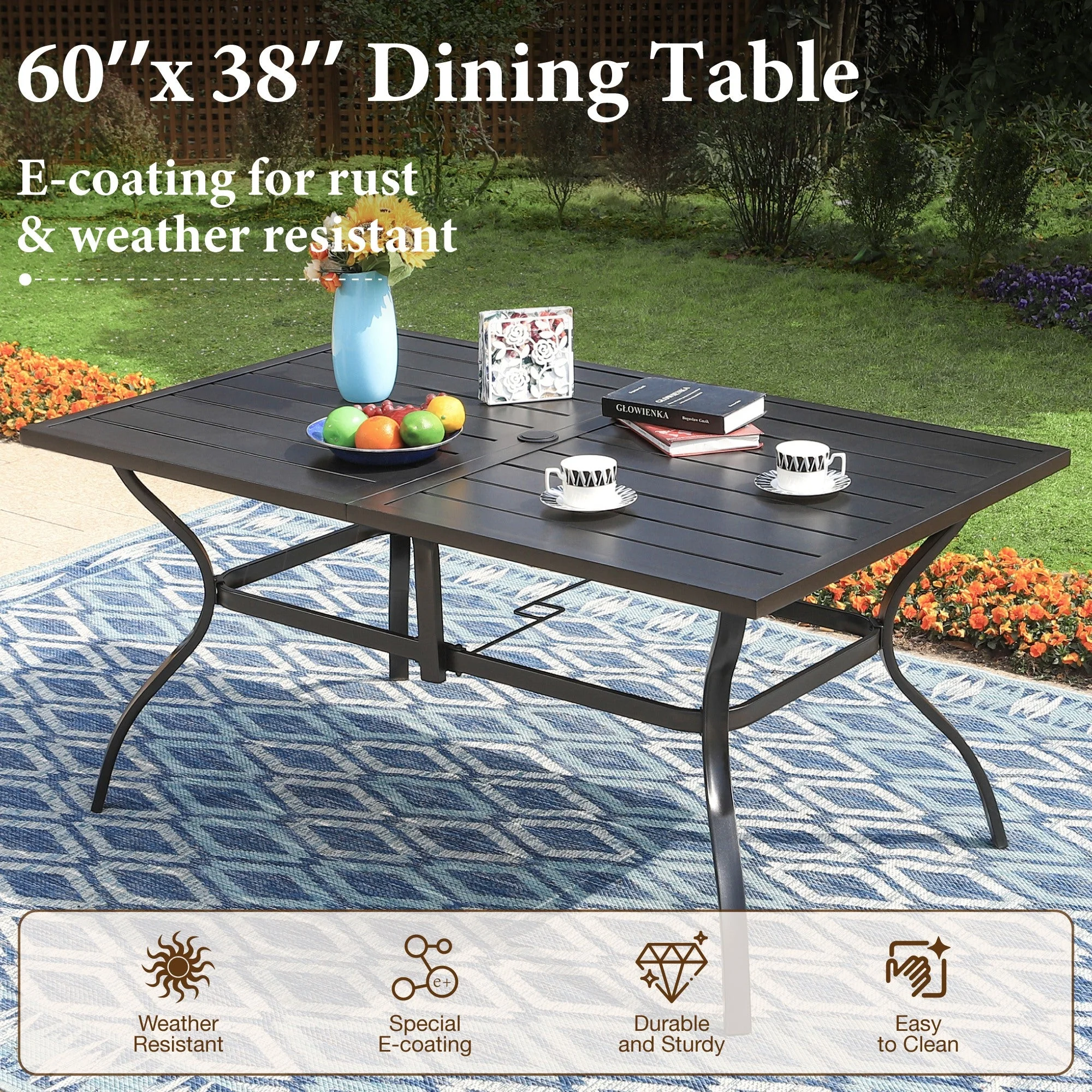 MF Studio 8 Pieces Outdoor Dining Set with 13ft Double-Sided Twin Umbrella, 6 Rattan Chairs and Rectangular Table, Navy Blue