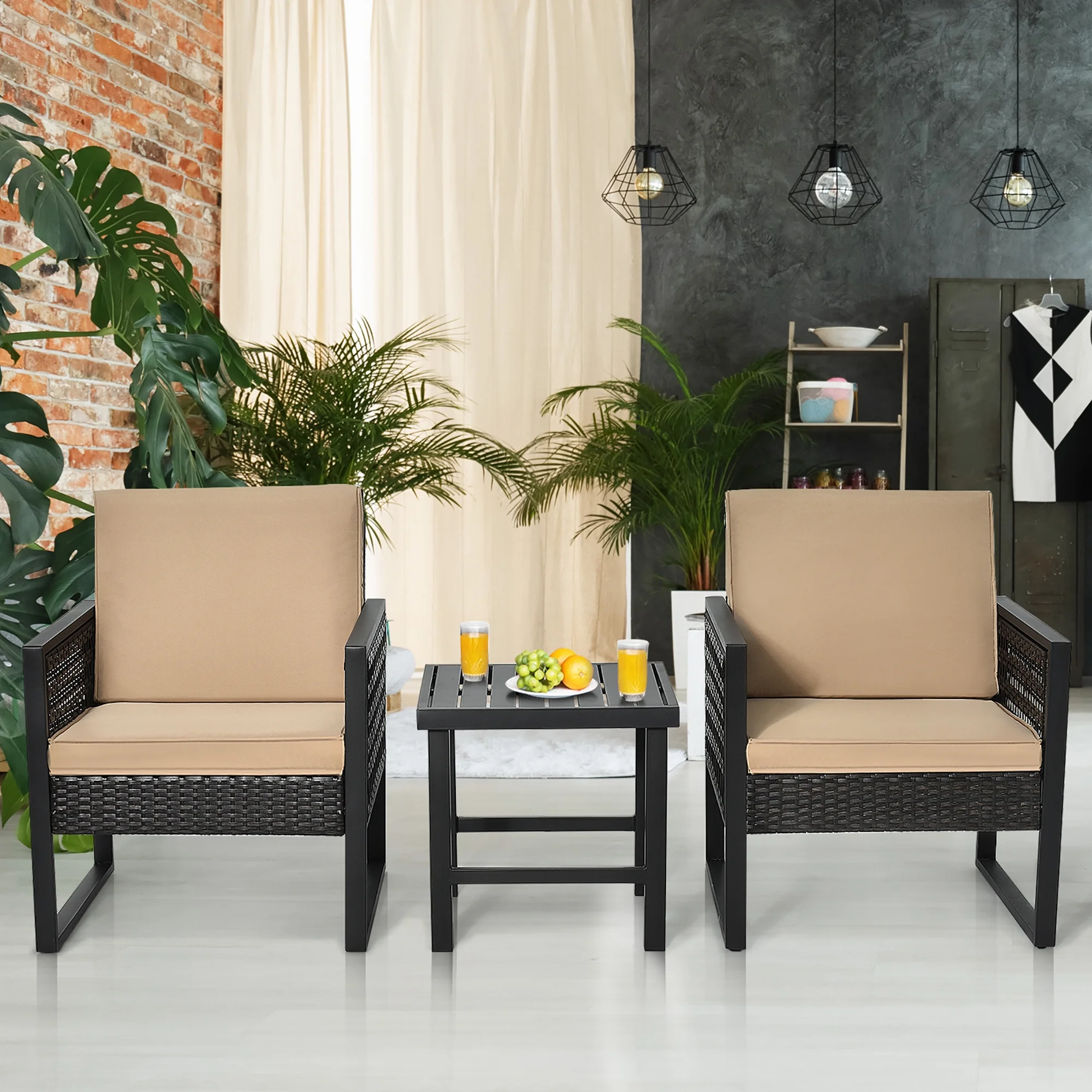 Costway 3PCS Patio Rattan Bistro Furniture Set Cushioned Sofa Chair Coffee Table Garden