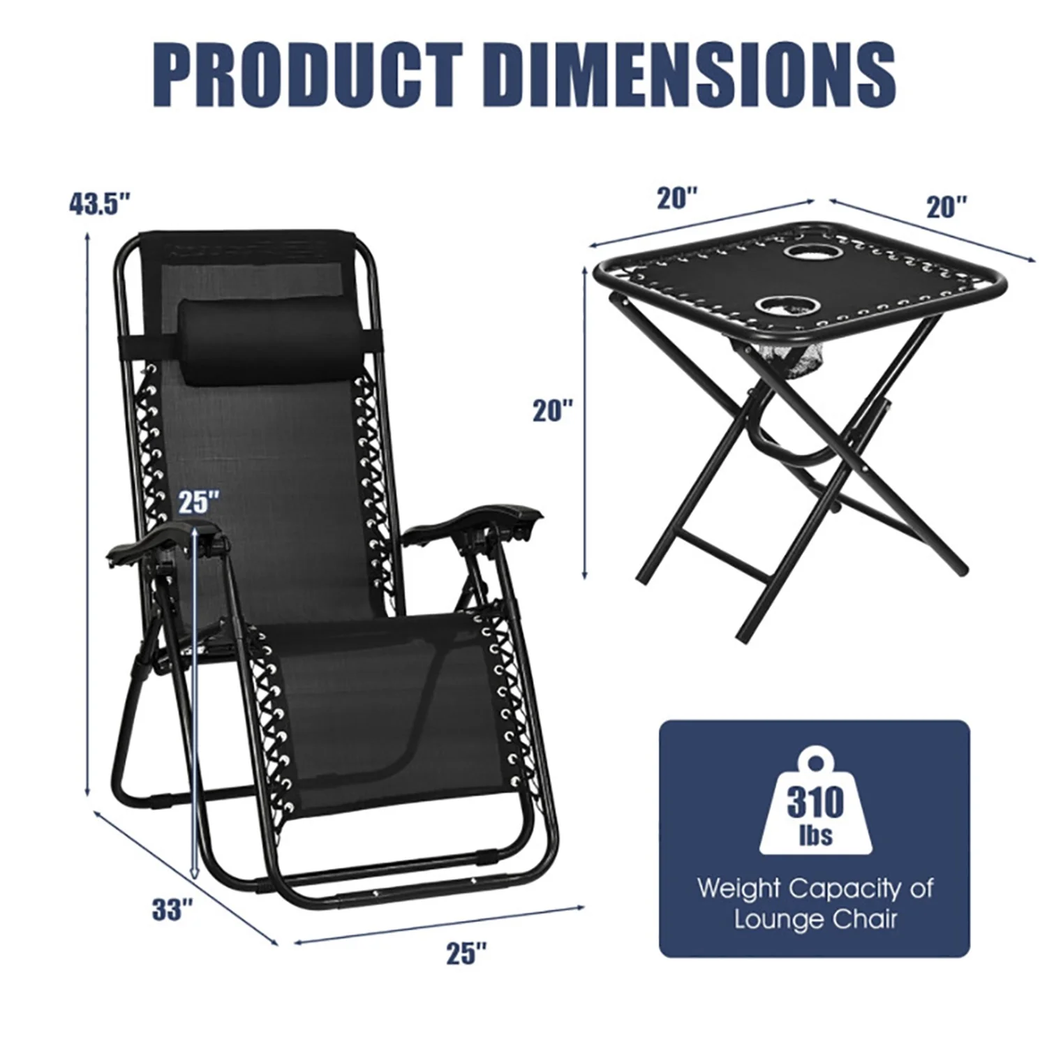 Resenkos 3 Pieces Folding Adjustable Reclining Lounge Outdoor Side Table Set of 3, Pool Zero Gravity Chairs for Outside, Black