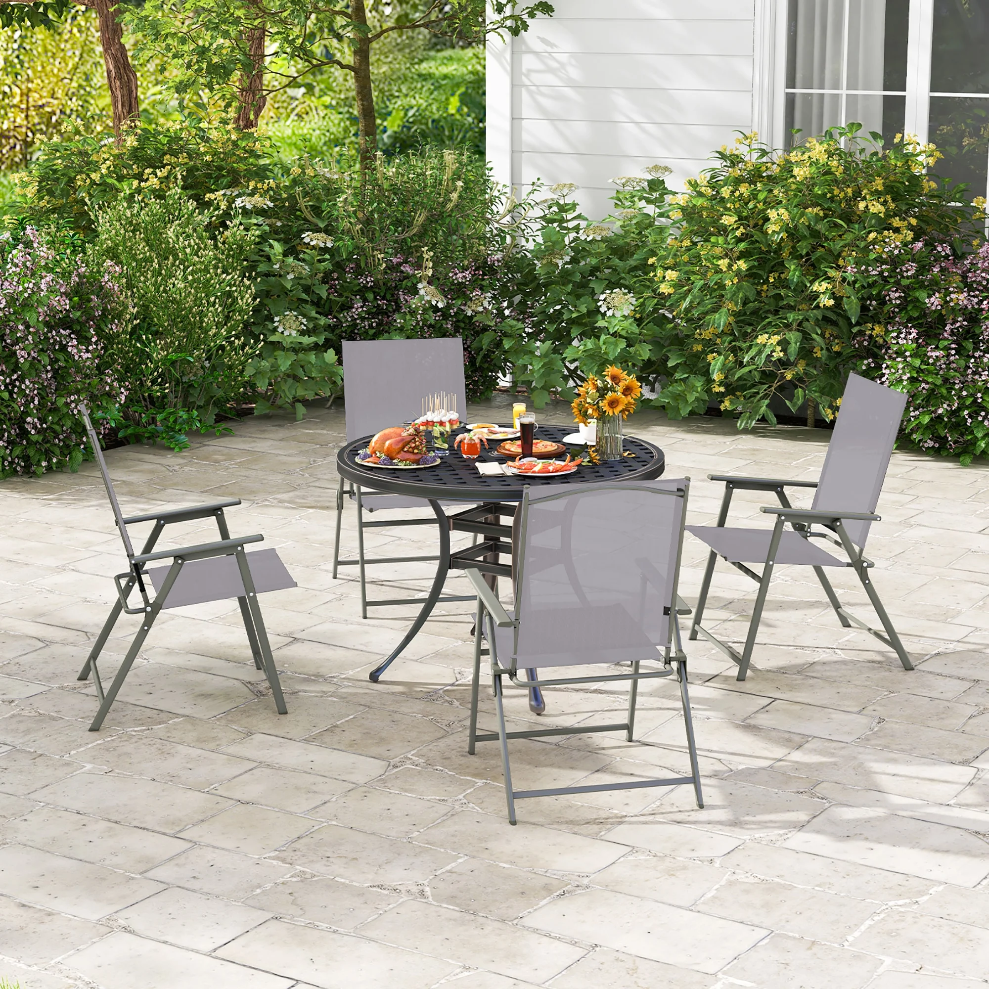 Costway 4pcs Patio Folding Portable Dining Chairs Metal Frame Armrests Outdoor Grey