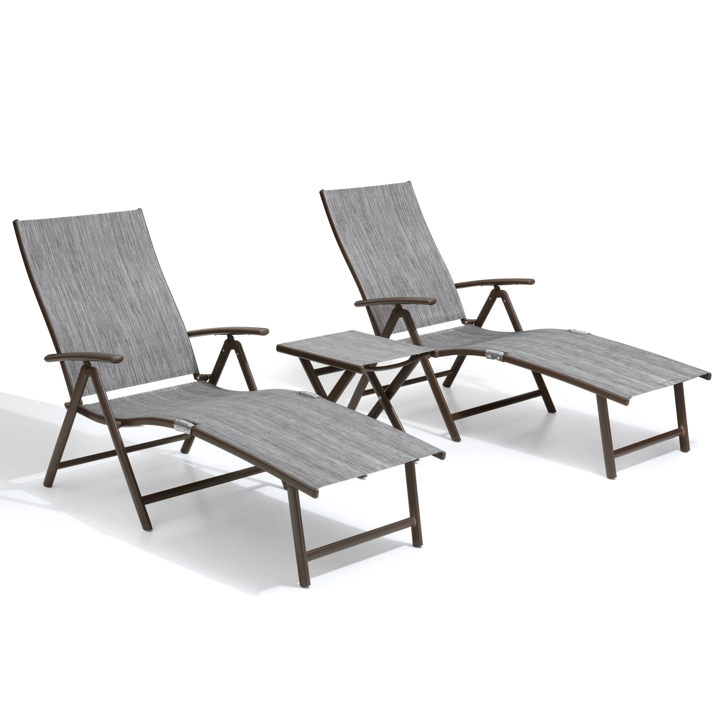 Crestlive Products Outdoor Aluminum Adjustable Folding Chaise Lounge Chairs and Foldable Side Table Fabric in Black&Gray Mixed