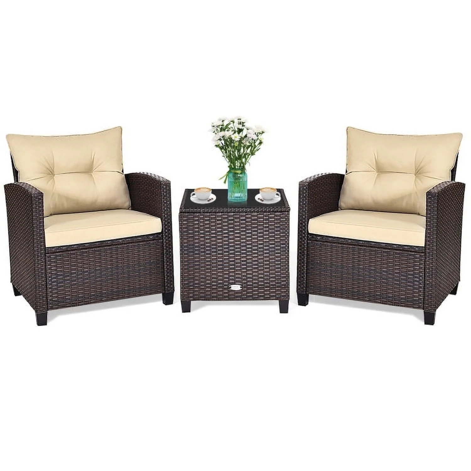 Aimee Lii 3 Pieces Wicker Patio Furniture Set, Coffee Table Cushioned Sofa, Modern Patio Furniture, Beige