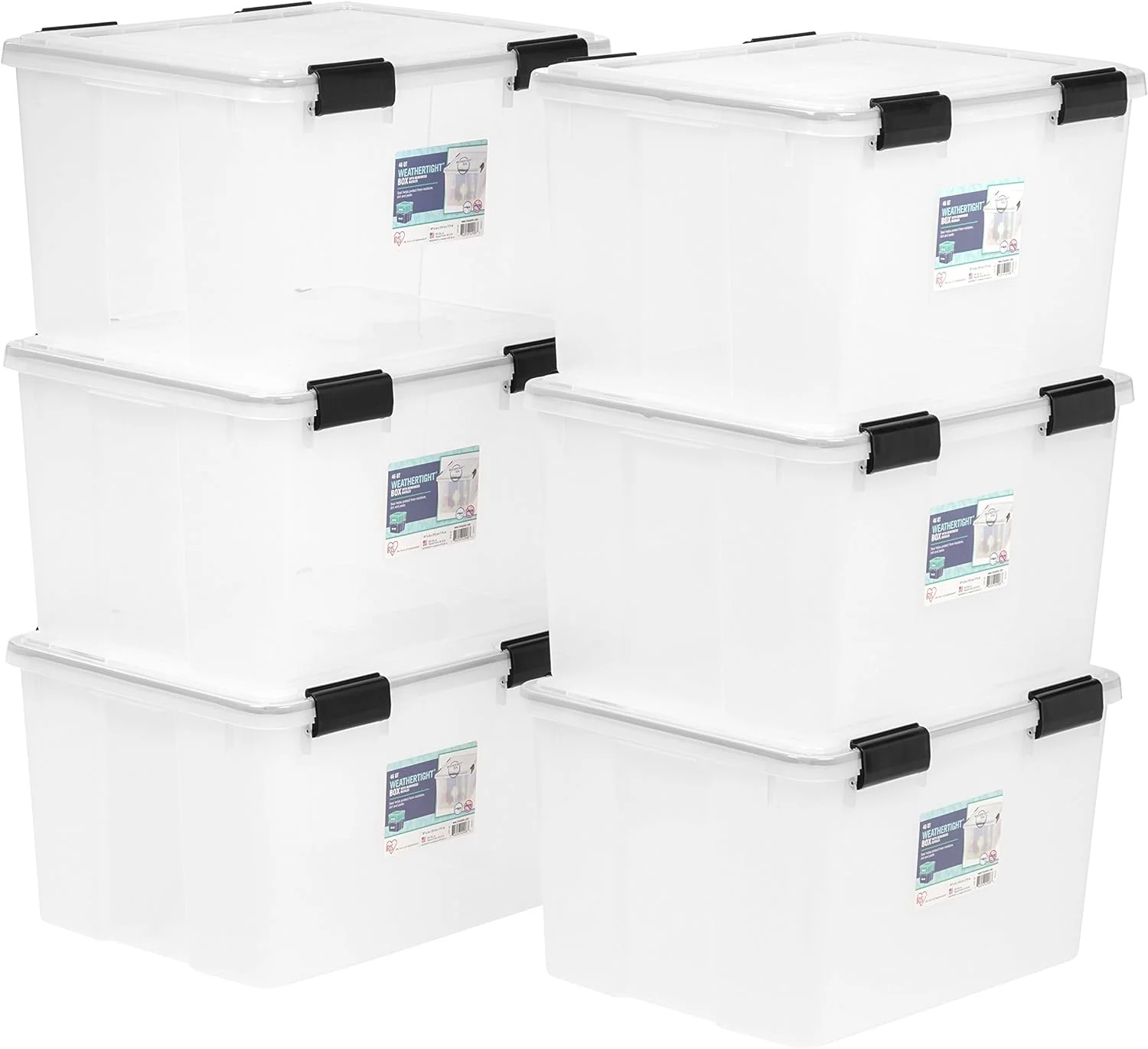 IRIS USA 6Pack 46.6qt WEATHERPRO Airtight Plastic Storage Bin with Lid and Seal and 4 Secure Latching Buckles