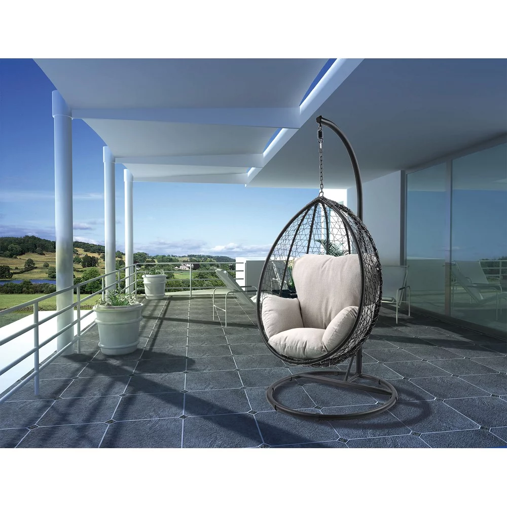 Style Wicker Outdoor Patio Hanging Egg Chair with Olefin Cushion and Metal Stand Gray