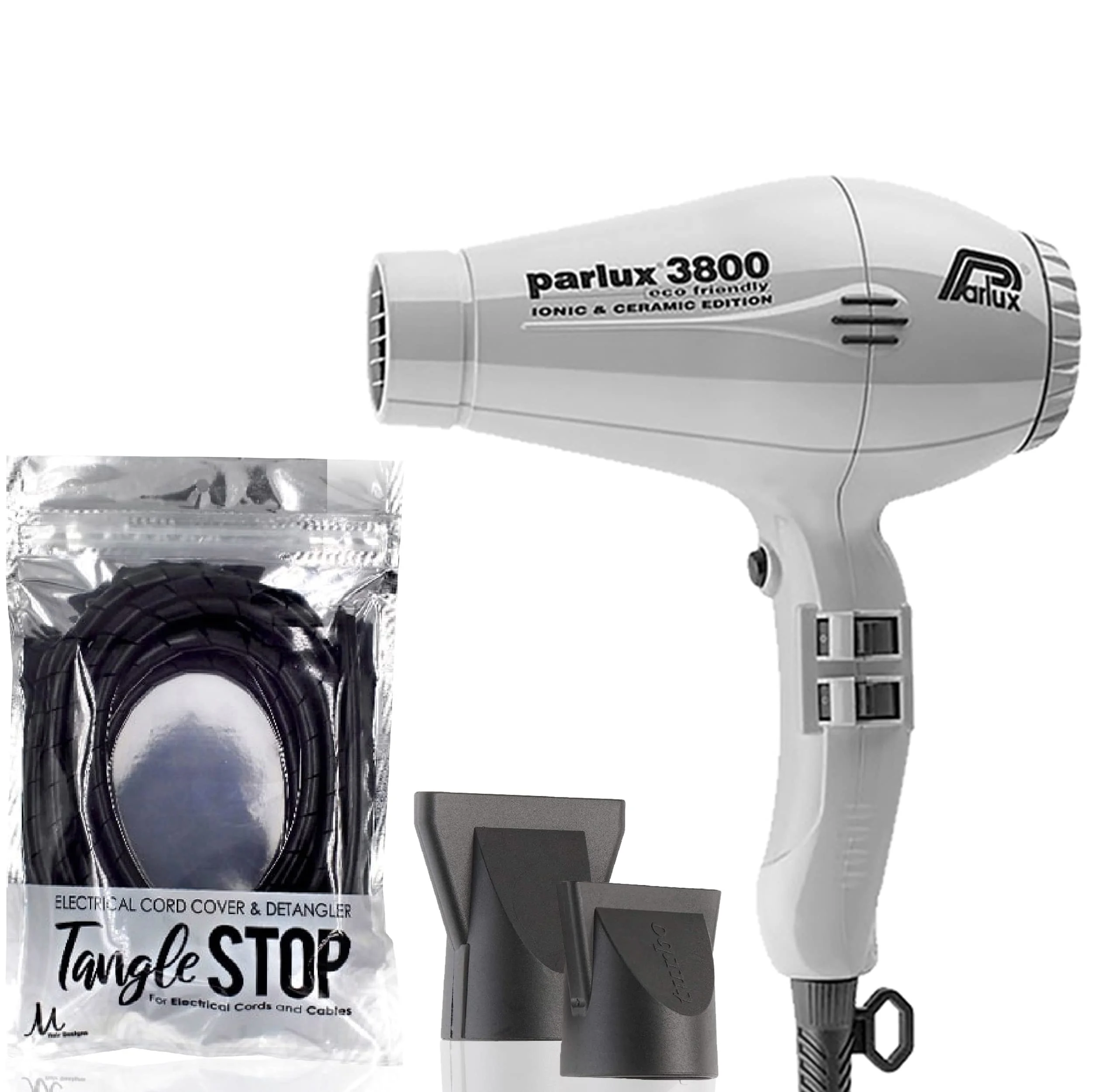 Bundle 2: (1) Parlux 3800 Silver Hair Dryer and (1) M Hair Designs Tangle Stop Cord Detangler Black..
