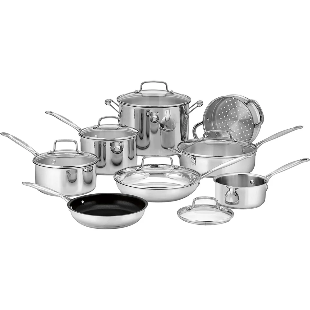 Cuisinart 77-14N Chef's Classic 14-Piece Set, Stainless Steel + 2x Red Oven Mitt + 2x Red Silicon Trivet