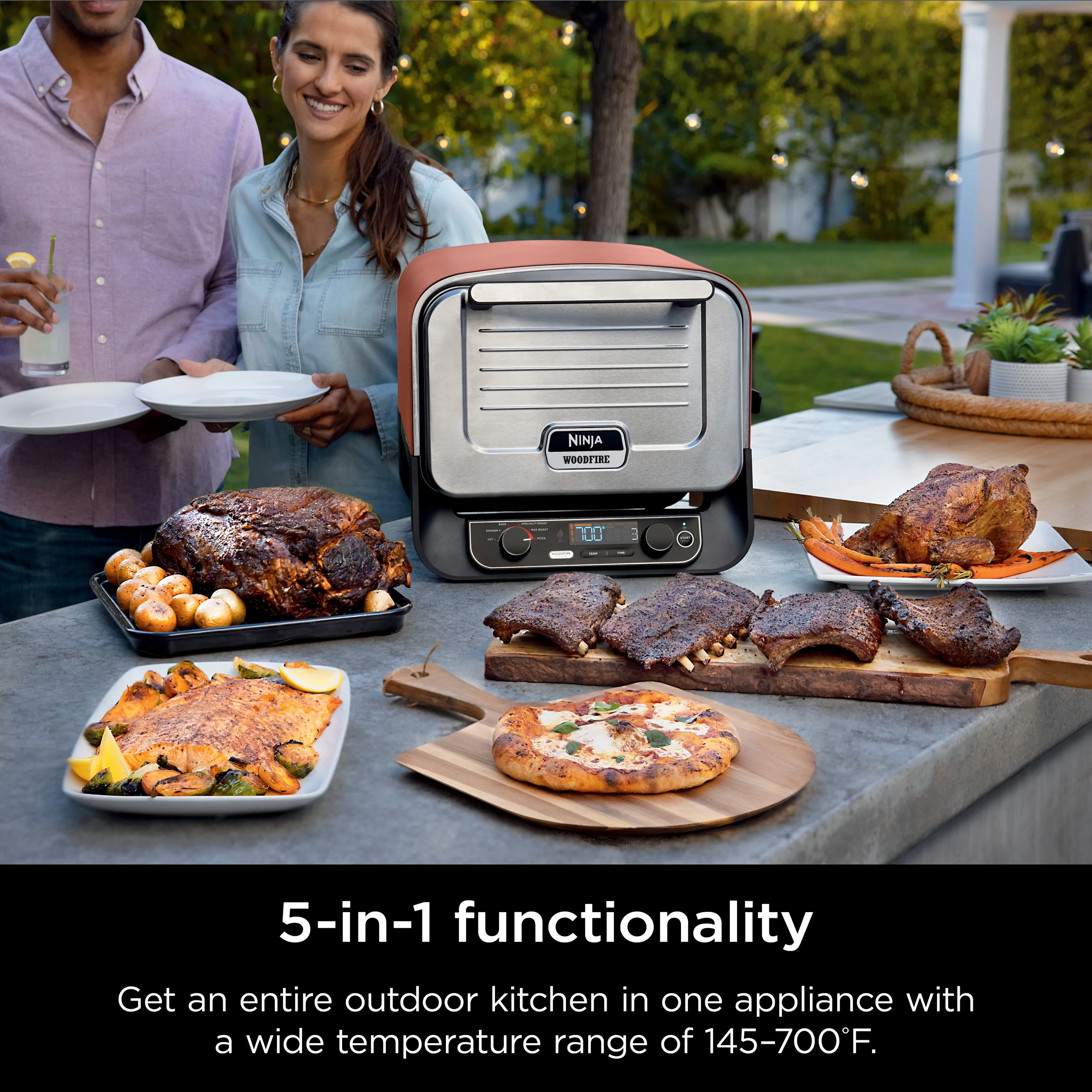 Ninja Woodfire™ Pizza Oven, 5-in-1 outdoor oven, 5 Pizza Settings, Ninja Woodfire™ Technology, up to 700°F heat, BBQ smoker, Electric