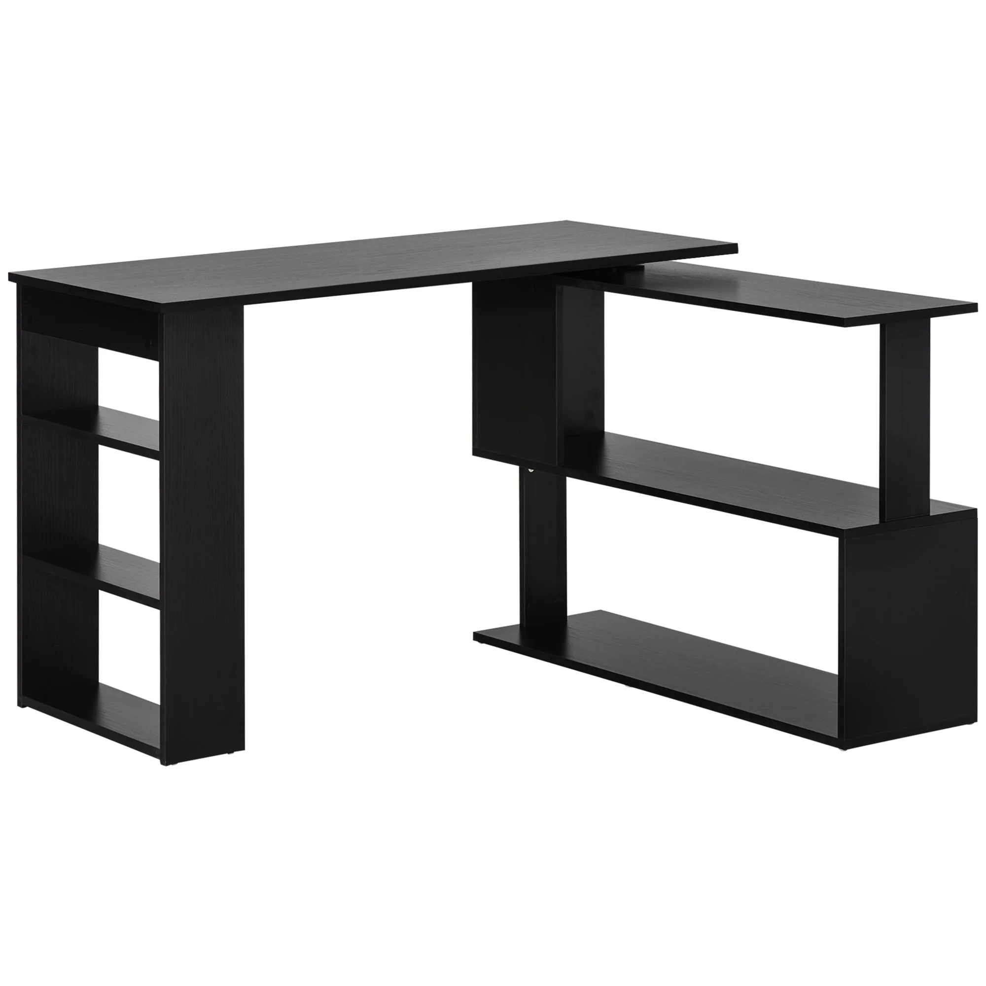 HOMCOM L Shaped Desk, Corner Computer Desk, 360 Degree Rotating Home Office Desk with Storage Shelves, Writing Table Workstation, Black