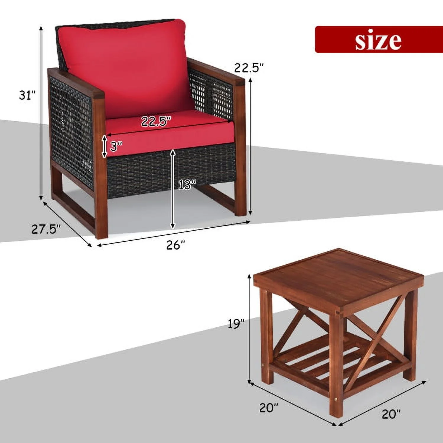 Yardi Yard 3 Pieces Acacia Wood Patio Furniture Set with Table-Red, Outdoor Patio Furniture Set
