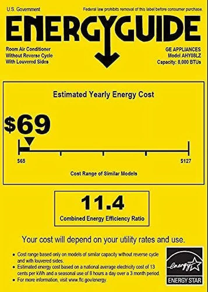 GE AHY08LZ Smart Window Air Conditioner with 8000 BTU Cooling Capacity Wifi Connect 3 Fan Speeds 115 Volts 11.4 CEER and Fixed Chassis in White