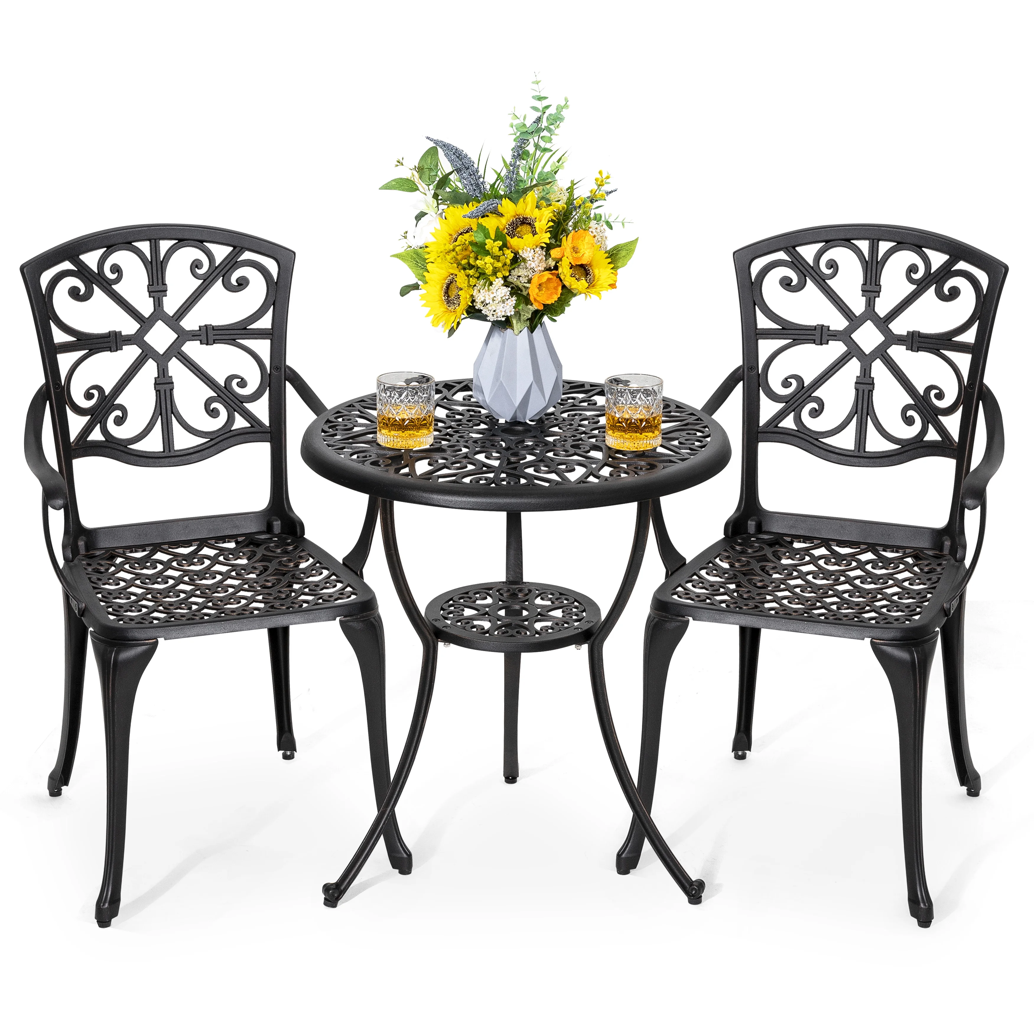 Nuu Garden 3 Piece Cast Aluminum Bistro Set Outdoor Patio Table Sets with Umbrella Hole for Yard,Balcony-Antique Bronze