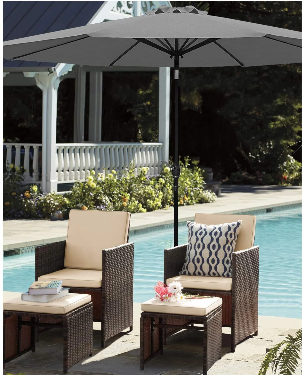 Vineego 5 Pieces Wicker Outdoor Patio Furniture Set Patio Chairs with Umbrella and Ottoman(Gray)
