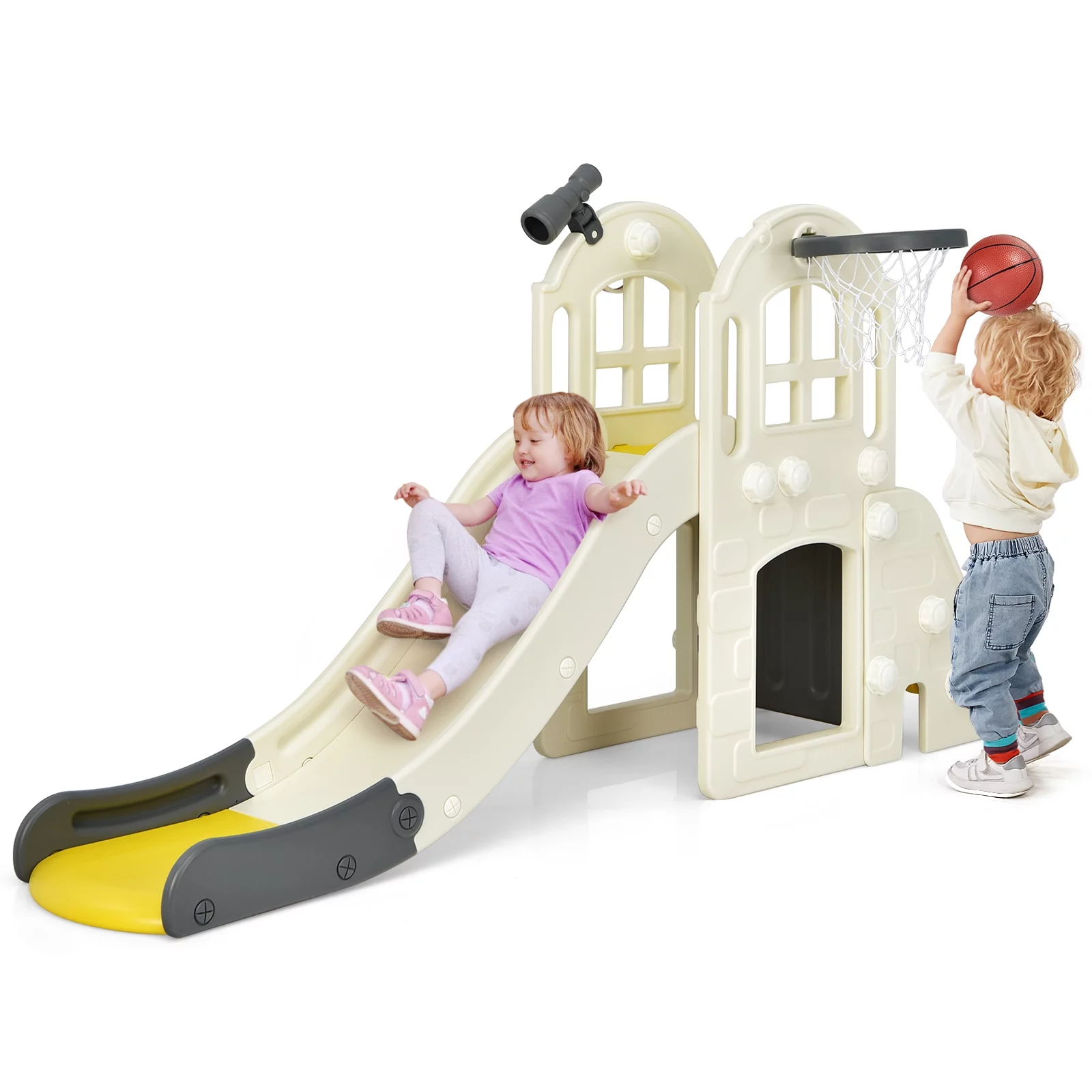 Infans 6-In-1 Large Slide for Kids Toddler Climber Slide Playset w/ Basketball Hoop