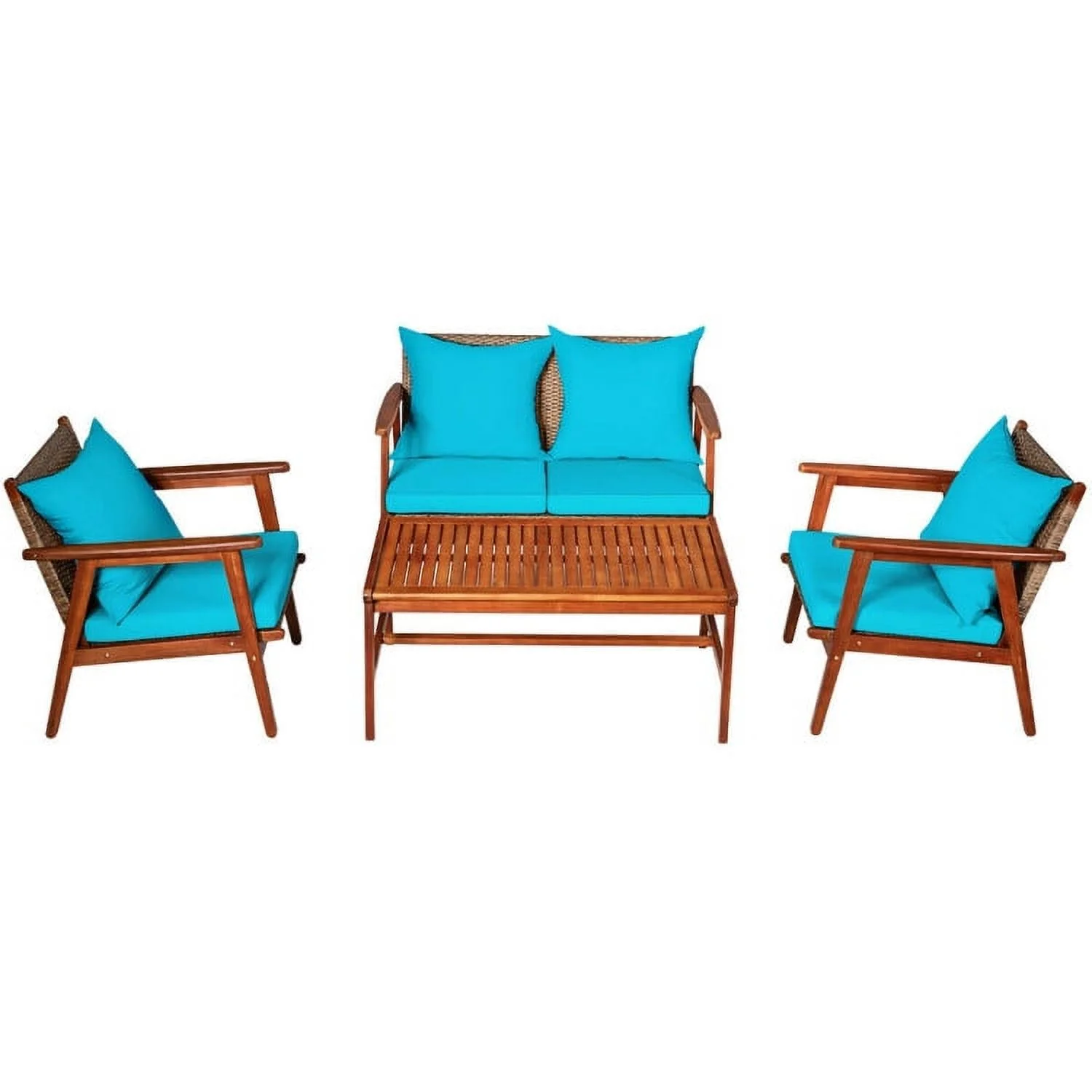 YYAo Garden Conversation Table Set, Conversation Loveseat Chairs Set, 4 Piece Acacia Wood Patio Rattan Furniture Set-Turquoise