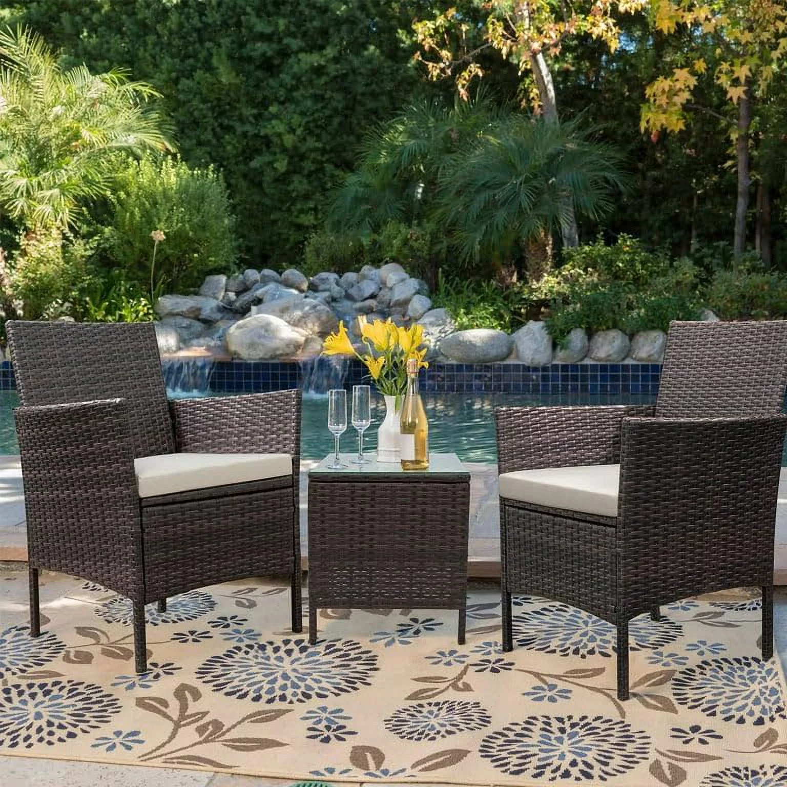 ASDRFYU 3 Pieces Patio Sets Outdoor Patio Chairs PE Rattan Wicker Chairs with Table for Garden Porch Lawn Poolside(Brown/Beige)