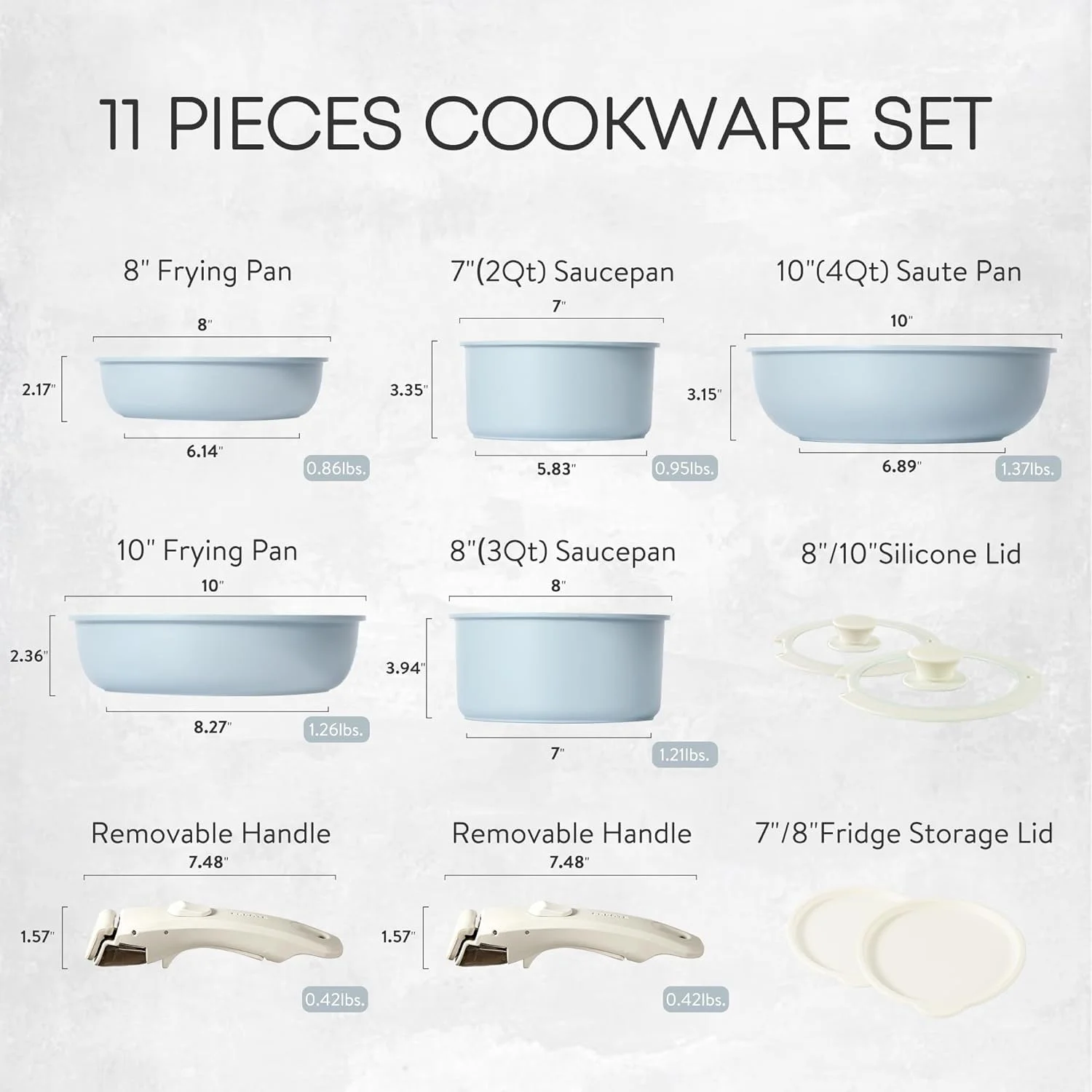 11-Piece Nonstick Cookware Set with Detachable Handle - Induction Kitchen Cookware Sets, Oven Safe RV Cookware in Blue