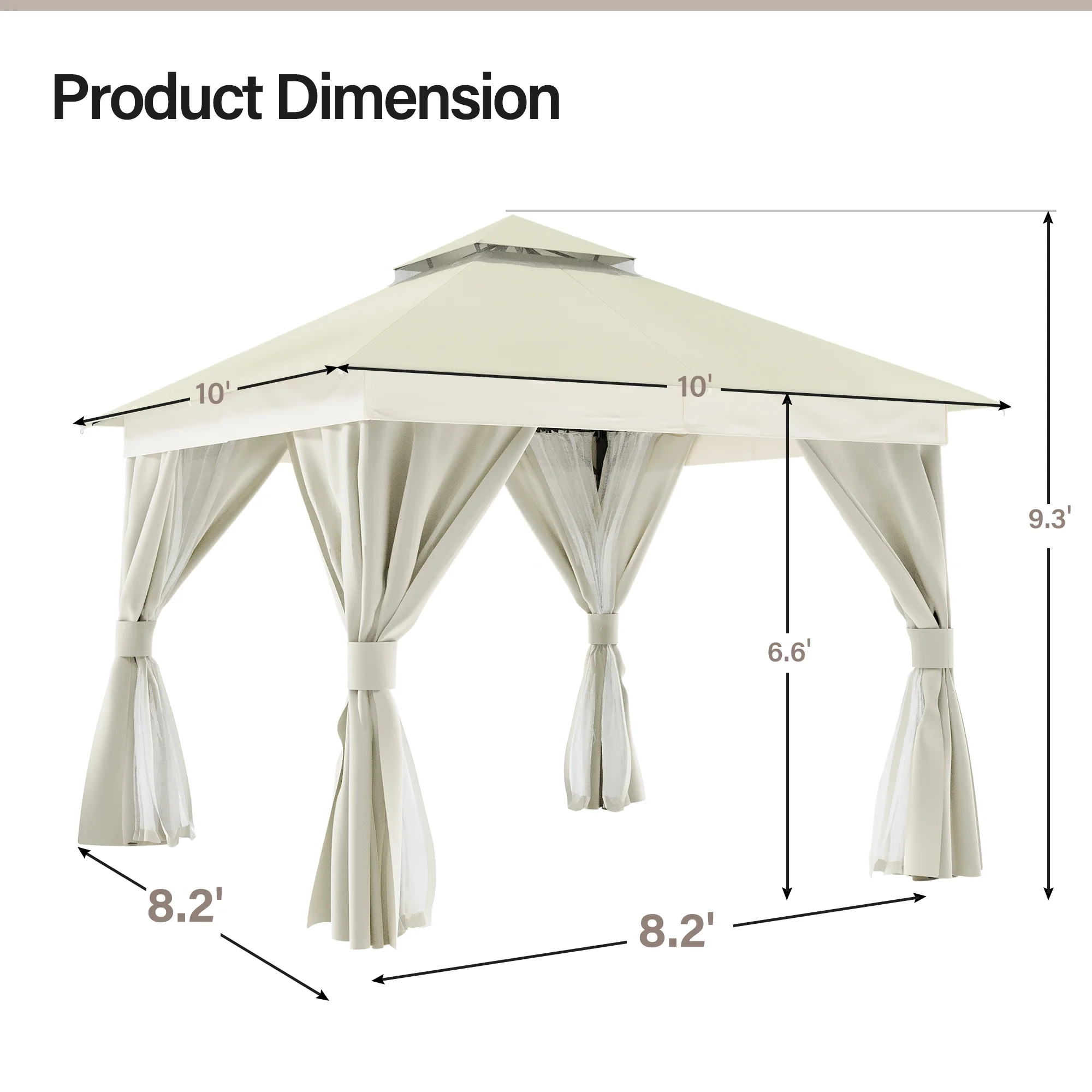 LAUSAINT HOME 10'x10' Patio Gazebo, Double Roof Outdoor Shelter Tent with Mosquito Nettings and Privacy Screens, Cream White
