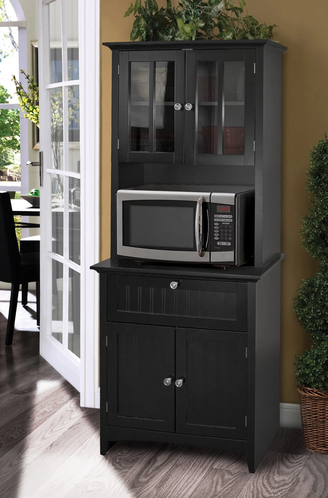 American Furniture Classics OS Home and Office Model 25604, 70.25 inch High Wooden Buffet and Hutch with Framed Glass Doors and Drawer Finshed in Black