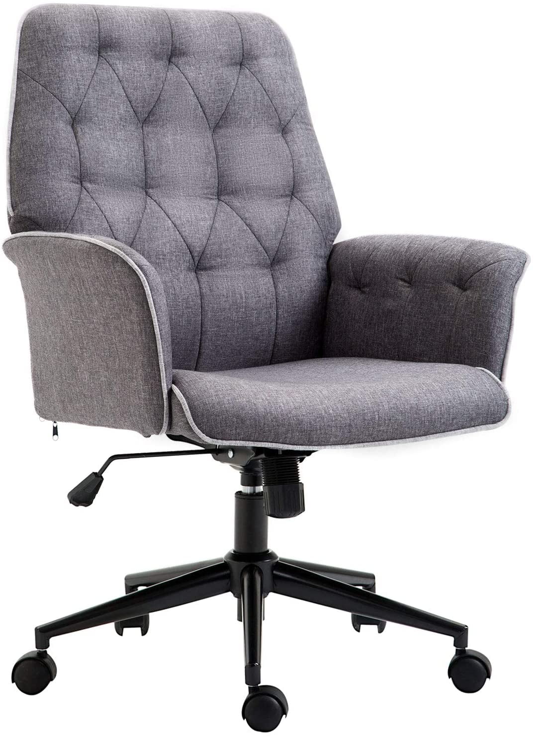 Linen Home Office Chair, Tufted Height Adjustable Computer Desk Chair with Swivel Wheels and Padded Armrests, Dark Gray
