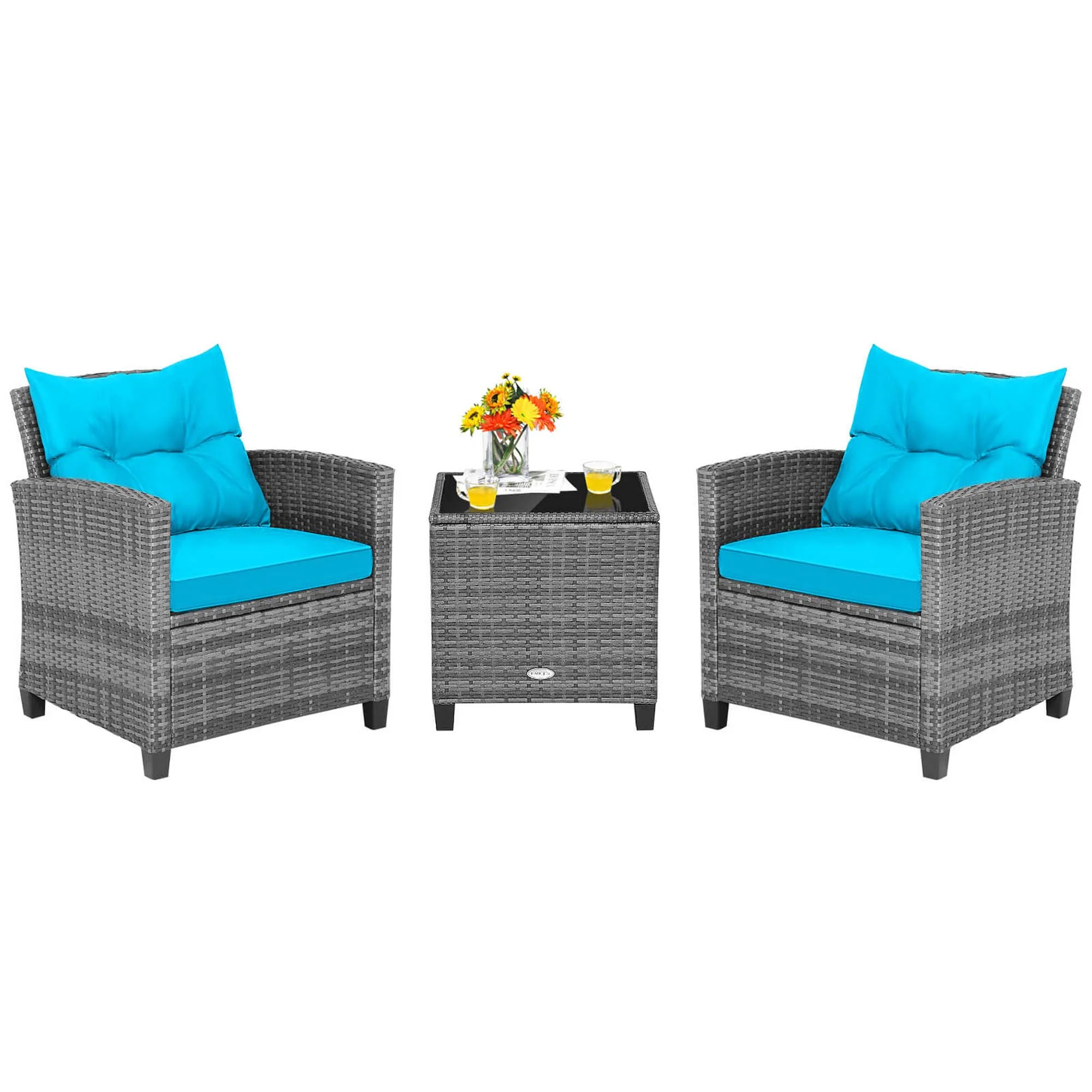 Costway 3 PCS Patio Rattan Furniture Bistro Set Cushioned Sofas Side Table Armrest Turquoise