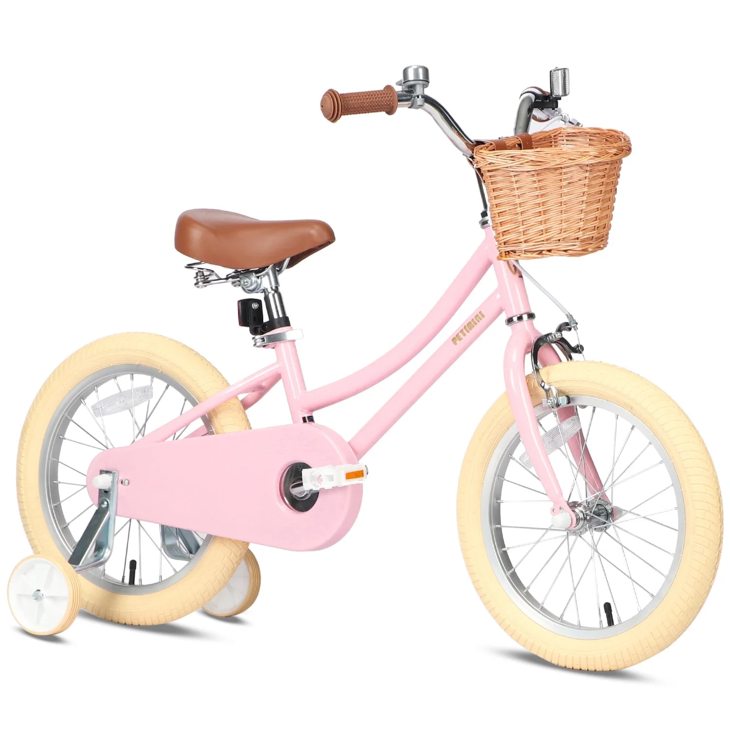 Petimini 14 Inch Kids Bike for 3 4 5Years Old Little Girls Retro Vintage Style Bicycles with Training Wheels and Bell, Pink