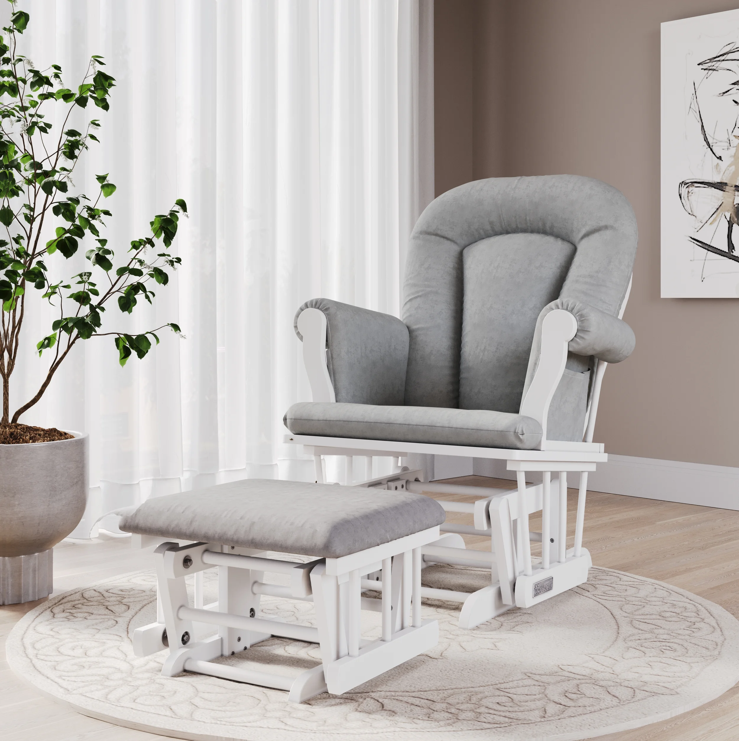 Forever Eclectic by Cozy Glider and Ottoman in Matte White Finish with Light Gray Cushion