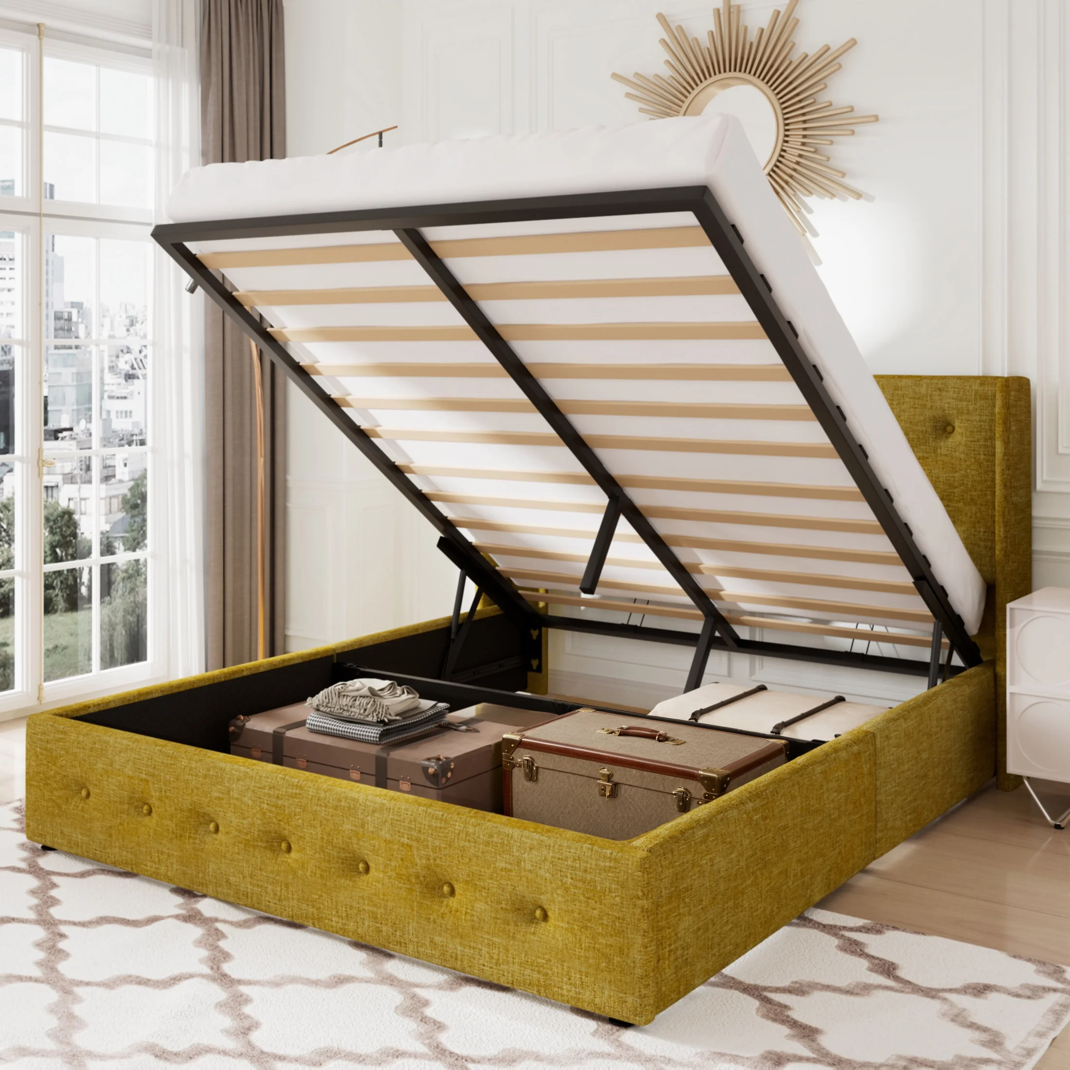 Allewie Queen Size Lift Up Platform Storage Bed Frame with Button Tufted Wingback Headboard, Olive Yellow