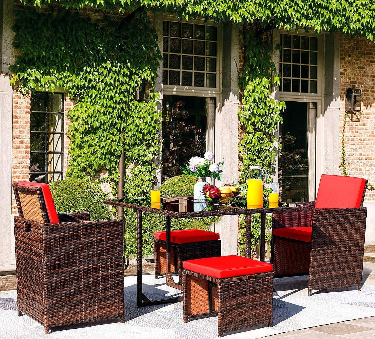 Vineego 5 Pieces Patio Sets Outdoor Wicker Conversation Sets Rattan Chairs with Ottomans and Tempered Glass Table(Red)