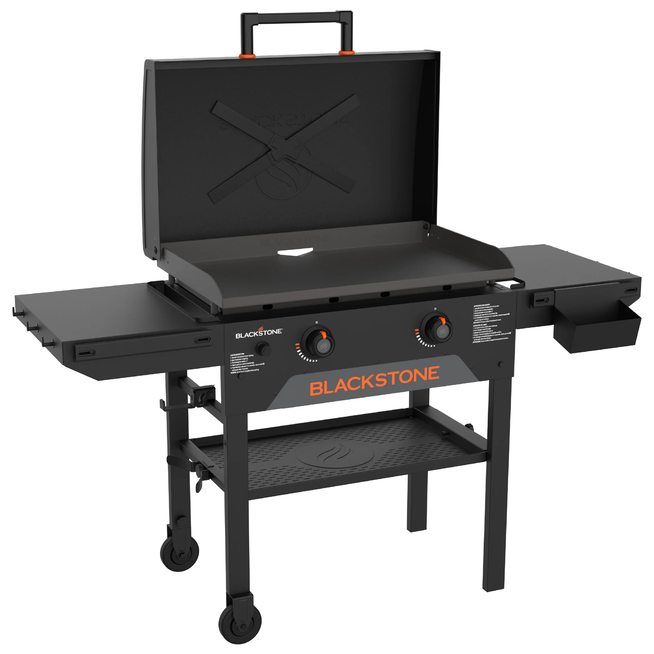 Blackstone Original 2-Burner 28” Propane Omnivore Griddle with X-Braced Hood and Dual Side Shelves with the Blackstone Accessory Rail System