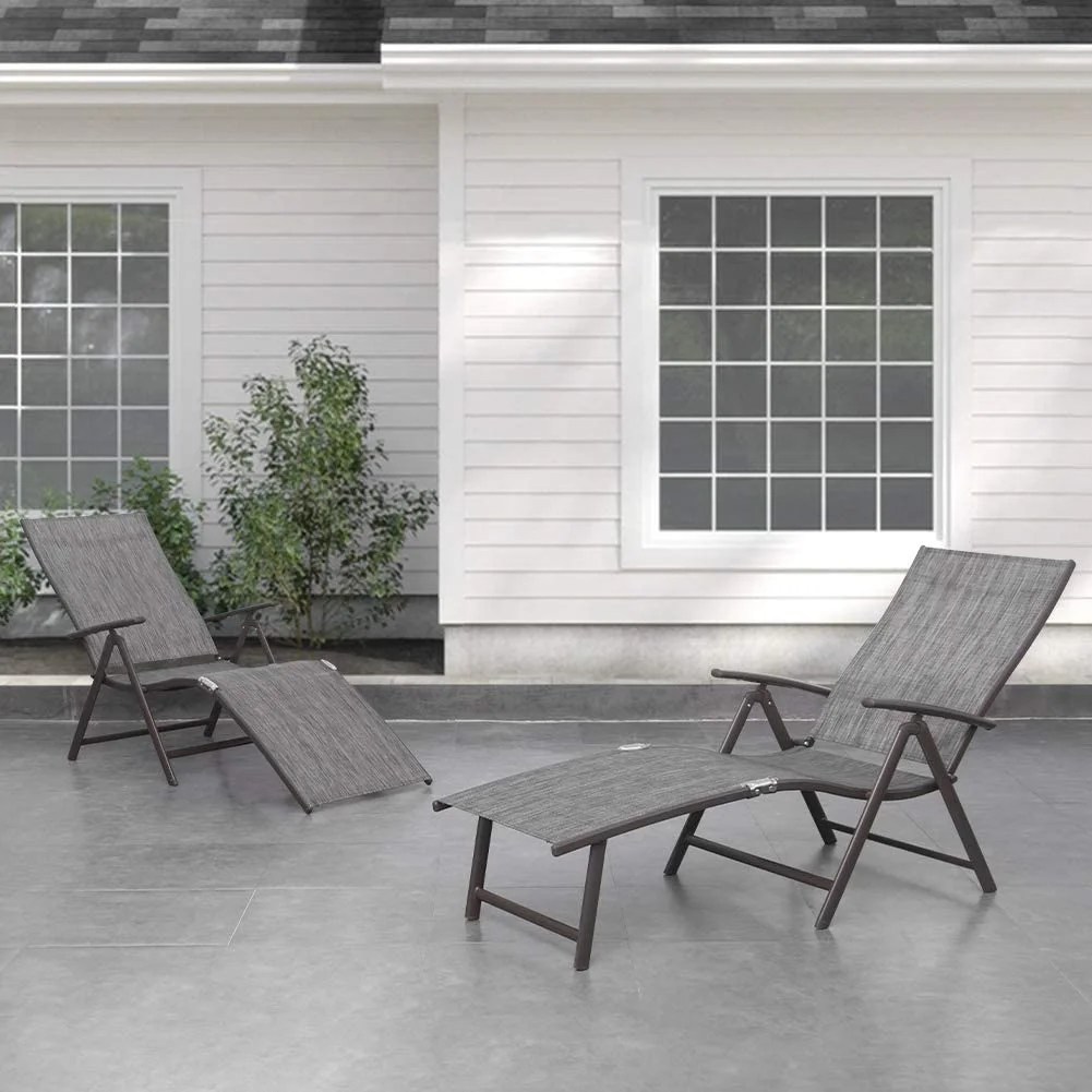 Crestlive Products Outdoor Aluminum Folding Recliner Adjustable Chaise Lounge (Set of 2) - See Picture Black&Grey Fabric, Brown Farme